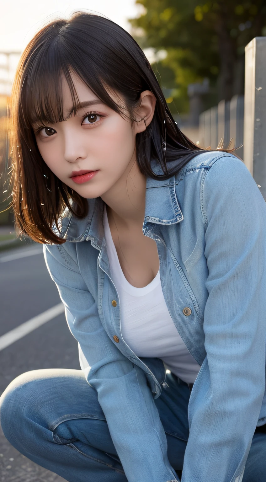 finely detail, hight resolution, hightquality、Perfect dynamic composition, Beautiful detailed eyes, Medium Hair, small tits、Natural Color Lip,Kamimei、Shibuya、20 years girl、1 persons、Transparent skin、Glowing hair、masutepiece, Best Quality, Ultra-detailed, finely detail, hight resolution, 8K、The correct state of the human body、crouching down、Gravure Model Pose,Beautiful sunset,Park Garden,beautiful ilumination,Photographed with hair fluttering in the wind,((Clothes are wet and see-through,White shirt with long sleeve collar:1.5,denim pant:1.5,))