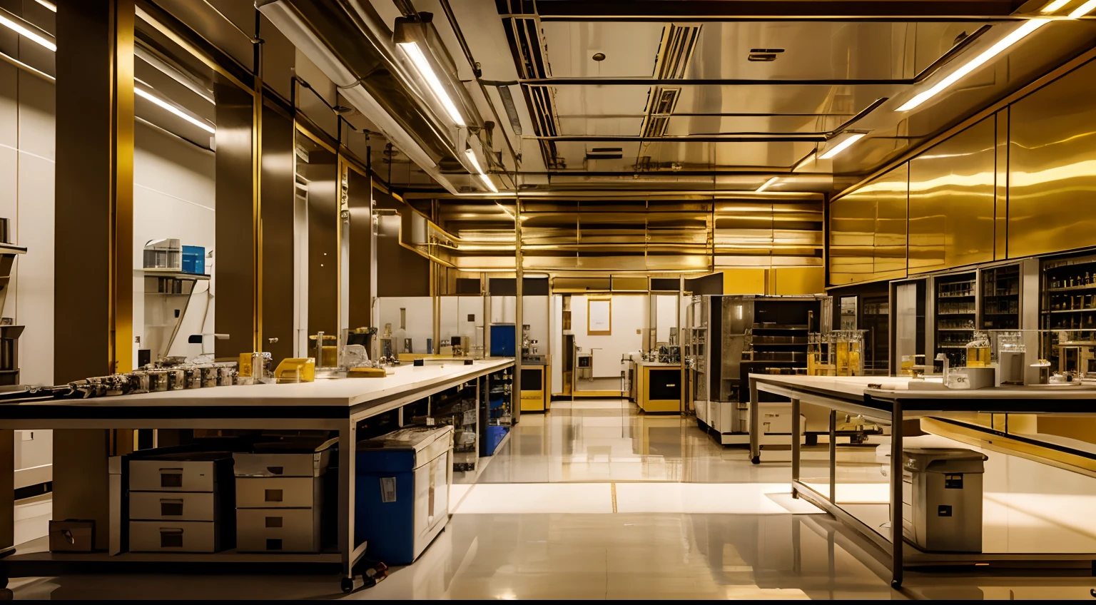 Inside a modern laboratory,There was a big room,There are a lot of gold containers,There are a lot of workbenches inside, futuristic chemistry lab, indoor lab scene, medical research facility