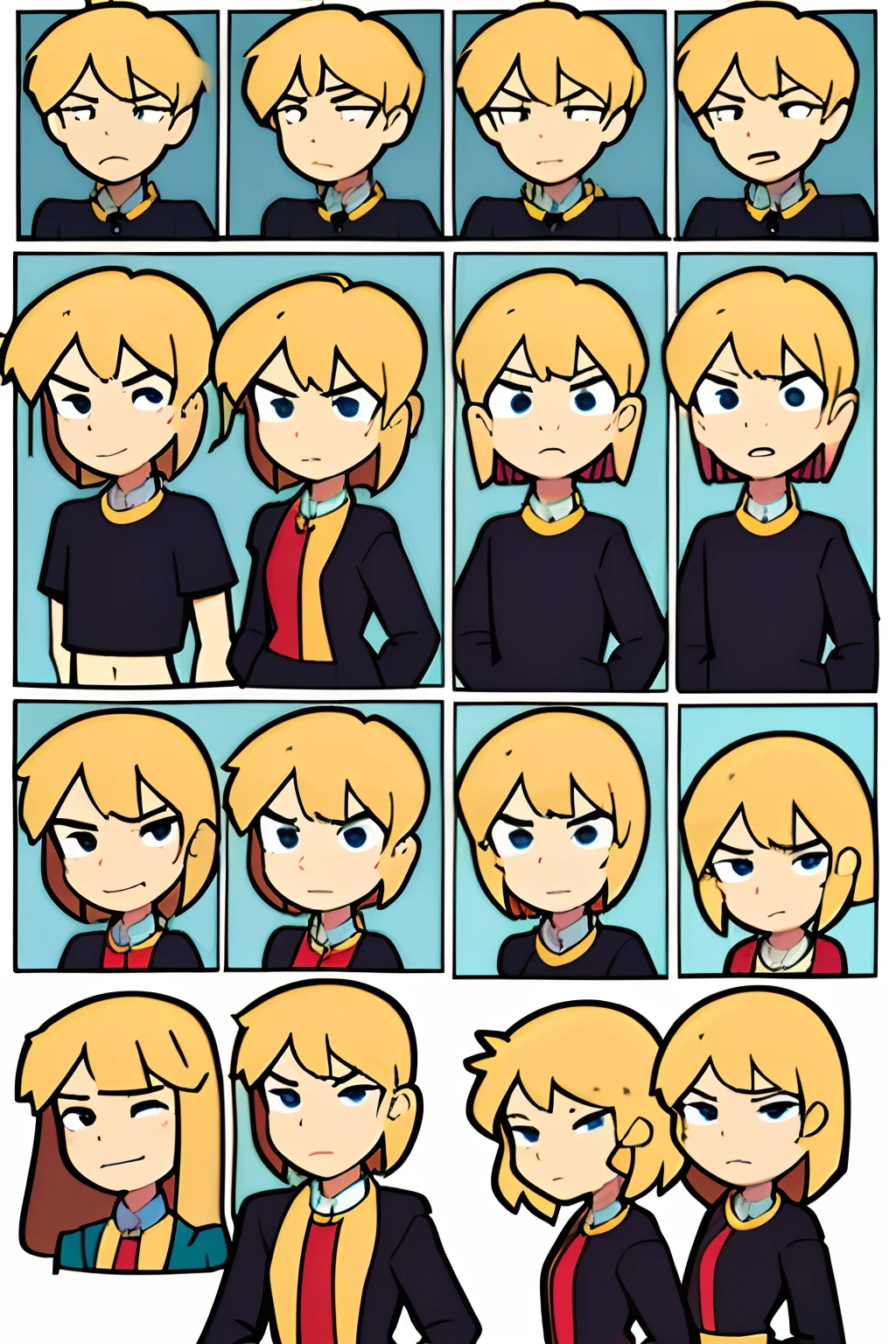 blonde hair ager with Small flat chest. (Character art sheet: 1.5), (10 or more facial expressions same character: 1.5)