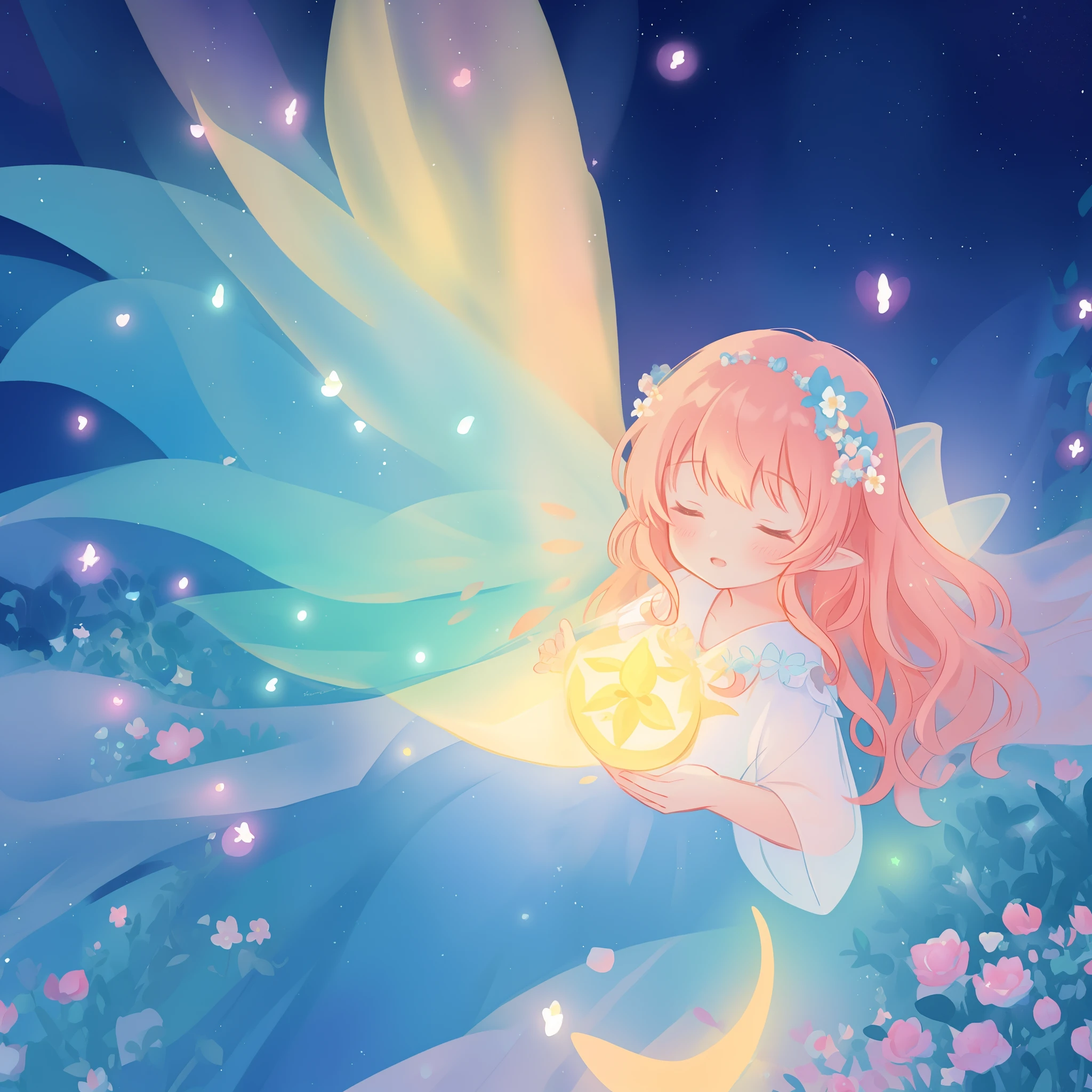beautiful girl in flowing ballgown dress, (glowing fairy wings), glowing flowing ballgown, long wavy hair, sparkling fairy wings, watercolor illustration, flowers and colorful plants, inspired by Glen Keane, inspired by Lois van Baarle, disney art style, by Lois van Baarle, glowing aura around her, by Glen Keane, jen bartel, glowing lights! digital painting, flowing glowing hair, glowing flowing hair, beautiful digital illustration, fantasia otherworldly landscape plants flowers, beautiful, masterpiece, best quality, anime disney style