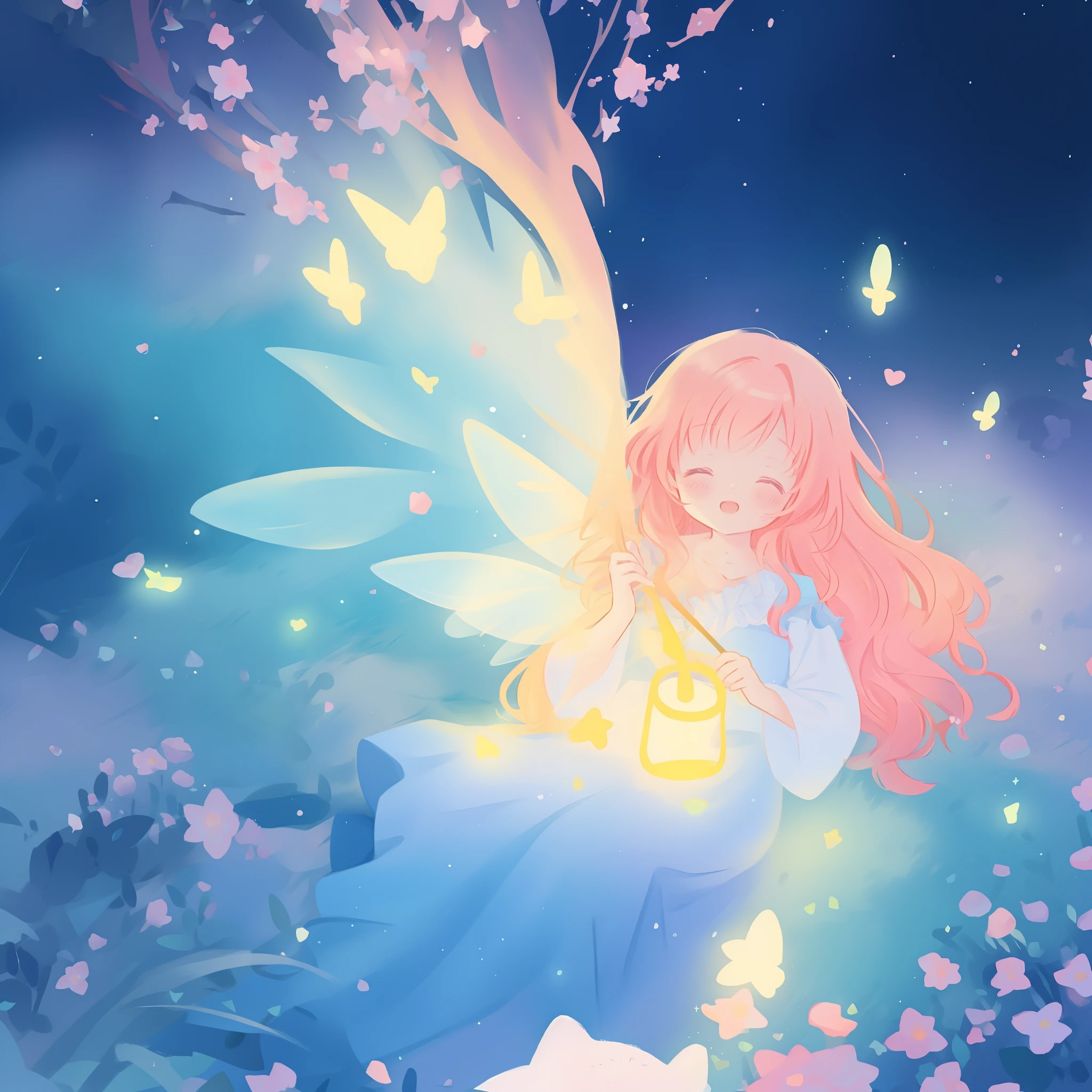 beautiful girl in flowing ballgown dress, (glowing fairy wings), glowing flowing ballgown, long wavy hair, sparkling fairy wings, watercolor illustration, flowers and colorful plants, inspired by Glen Keane, inspired by Lois van Baarle, disney art style, by Lois van Baarle, glowing aura around her, by Glen Keane, jen bartel, glowing lights! digital painting, flowing glowing hair, glowing flowing hair, beautiful digital illustration, fantasia otherworldly landscape plants flowers, beautiful, masterpiece, best quality, anime disney style