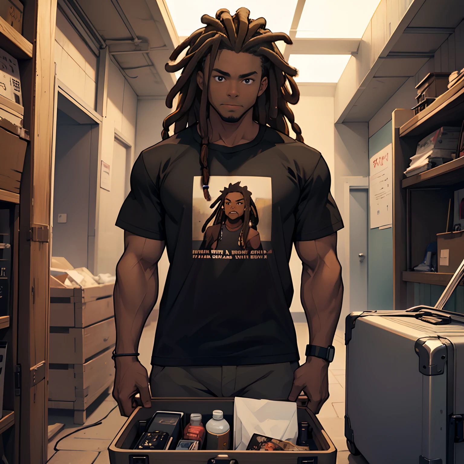 A muscular built man with ((Dark brown colored dreads)), with light brown tips and a (((black tshirt))). Detailed, ((8k)), crisp, wide angle view. He is standing still in an empty space. There is also a suitcase besides him. Lo-fi vibes, lo-fi scenic experience. (8k), lofi, anime style, digital art, lofi vibes, wide angle, anime inspiration