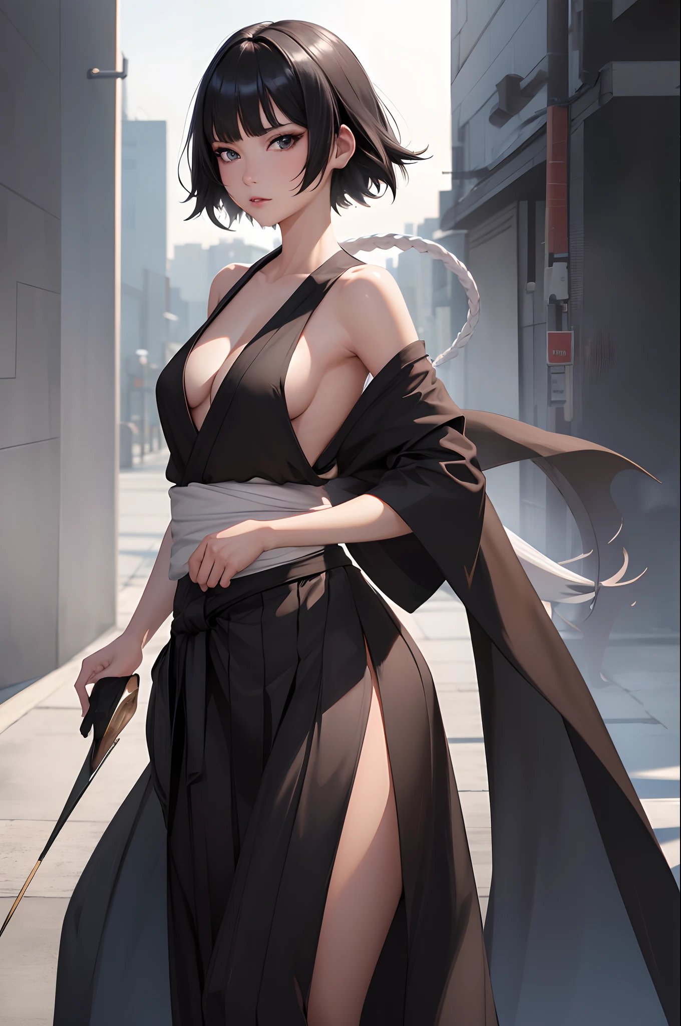 (Masterpiece), (Best quality), (Beautiful eyes and face), (Perfect female body), (Shiny skin), Off-the-shoulder attire，Close-up shot，sportrait，1girll, Solo, Suifeng , Black hair, Short hair, bobbed long hair, With gray eyes,black kimono, Sleeveless, white sash, Black hakama skirt, (Long skirt:1.2), cleavage