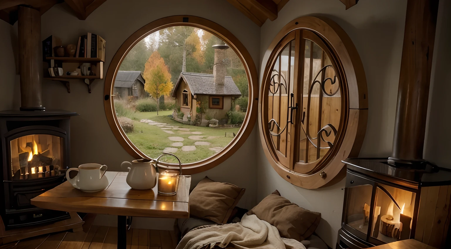 a cozy hobbit house, with two side fireplace , there's a table with coffee and a cup of coffee and candles, bookshelf in wall, in a autumn rainy day out