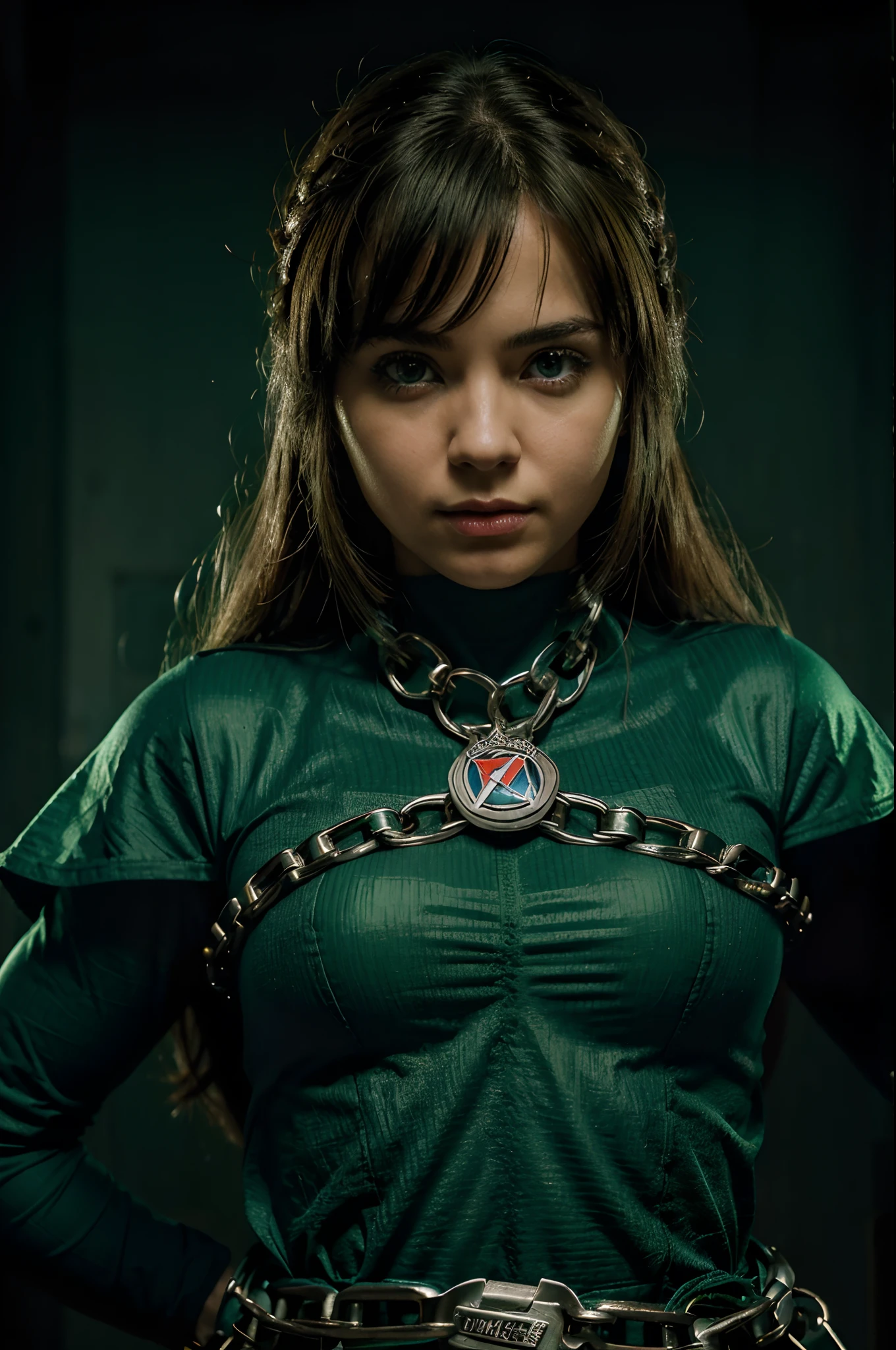 personagem forte com uma capa, Chain in the hands, super heroi, alta qualidade, 8d, ultra hd, realismo, olhos verde claro