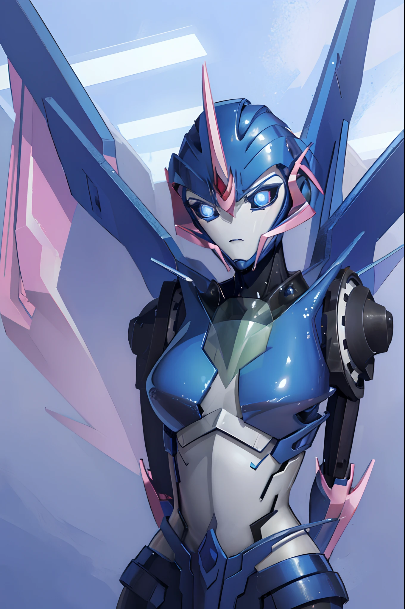 (masterpiece, best quality:1.2), arcee (transformers prime), 1girl, mecha, solo, robot, breasts, blue eyes, autobot, no humans, blue lips, science fiction, glowing, (futuristic prison), ((((arms behind back)))), (upper body), angry,