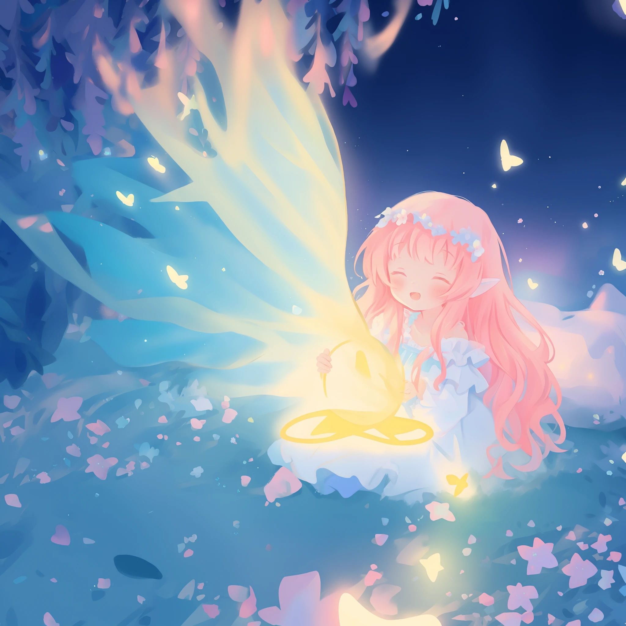 beautiful girl in flowing ballgown dress, (glowing fairy wings), glowing flowing ballgown, long wavy hair, sparkling fairy wings, watercolor illustration, flowers and colorful plants, inspired by Glen Keane, inspired by Lois van Baarle, disney art style, by Lois van Baarle, glowing aura around her, by Glen Keane, jen bartel, glowing lights! digital painting, flowing glowing hair, glowing flowing hair, beautiful digital illustration, fantasia otherworldly landscape plants flowers, beautiful, masterpiece, best quality, anime disney style