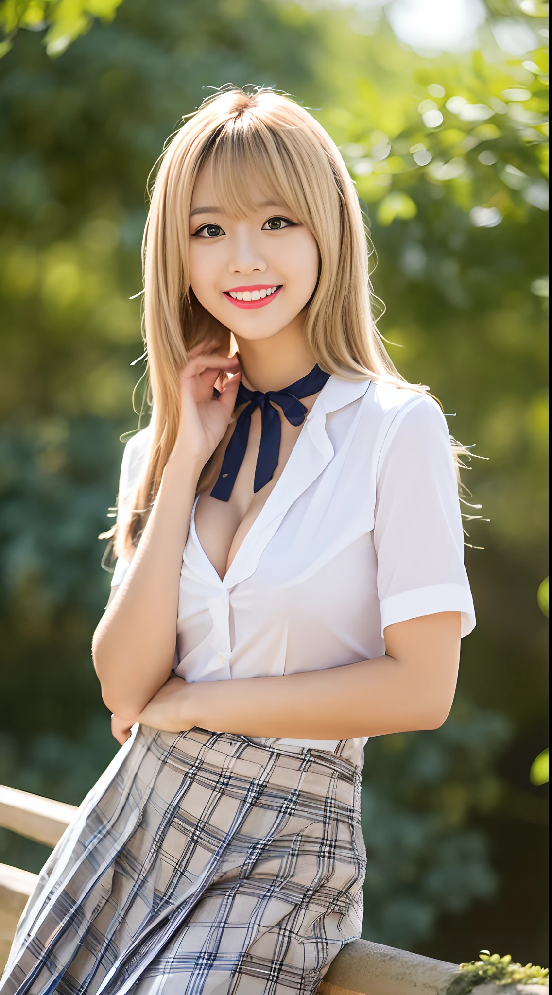 NSFW, 8k RAW photo, Best Quality, masutepiece, 超A high resolution, Film grain, filmg, 1girl in, ((light blond_hair)), Looking at Viewer, skin tanned:1.4, Dark skin:1.4, Natural Skin Texture, Light brown_eye, Eyes and faces with detailed, Red lips, lip stick, (makeup), Red eyeshadow, Blonde hair, Evil smile, tusk, Beautiful legs, skinny, slim_Legs, Solo, huge-breasted, cleavage, pose with buttocks facing you, Ultra short skirt, Ass, Shirt, beautiful nature location, (Detailed background), plaid skirts, White shirt, huge-breasted, cleavage, Show a little cleavage through the shirt, lowfers, Blurry background, Blurry, Holding, Plaid, Short sleeves, JK ribbon on neck, JK Ribbon, Brown hair, Bracelet, Water, Bangs, School