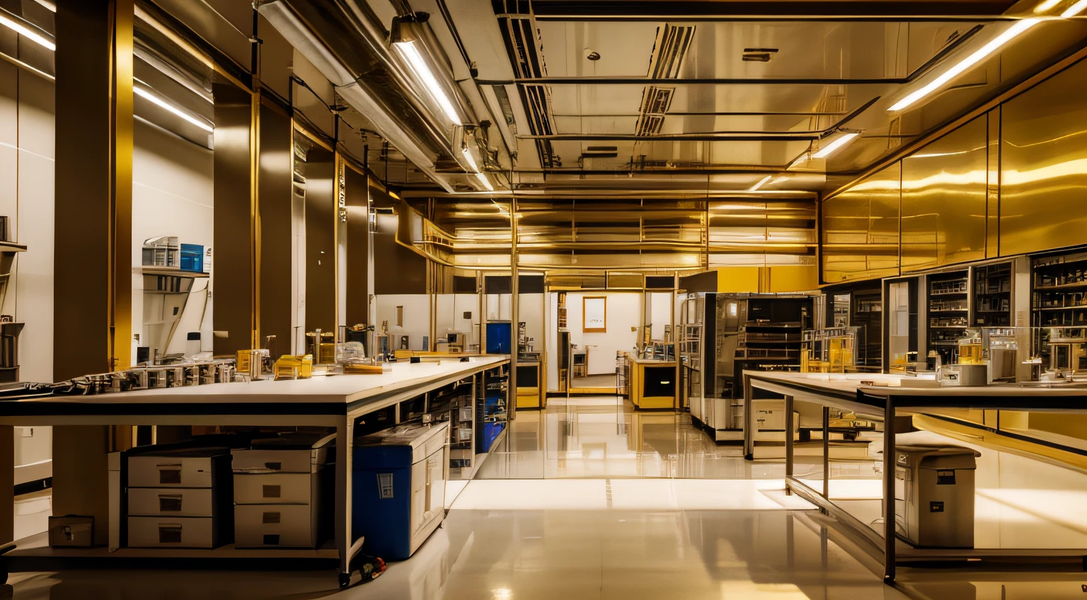 Inside a modern laboratory,There was a big room,There are a lot of gold containers,There are a lot of workbenches inside, futuristic chemistry lab, indoor lab scene, medical research facility