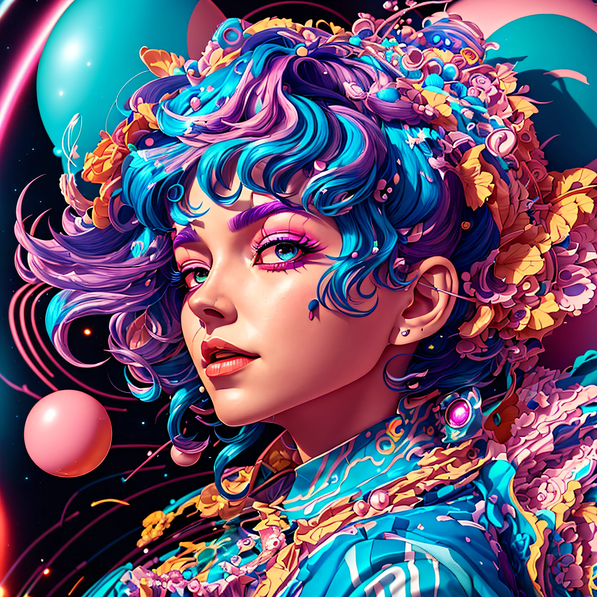 Close up portrait of woman with blue hair and colorful dress, jen bartel, Beeple and Jeremiah Ketner, James Jean Soft Light 4K, James Jean Soft Light 4K, portrait anime space cadet girl, beeple and james jean, Kilian en vivid colors, anime girl with cosmic hair, james jean artwork, a beautiful artwork illustration