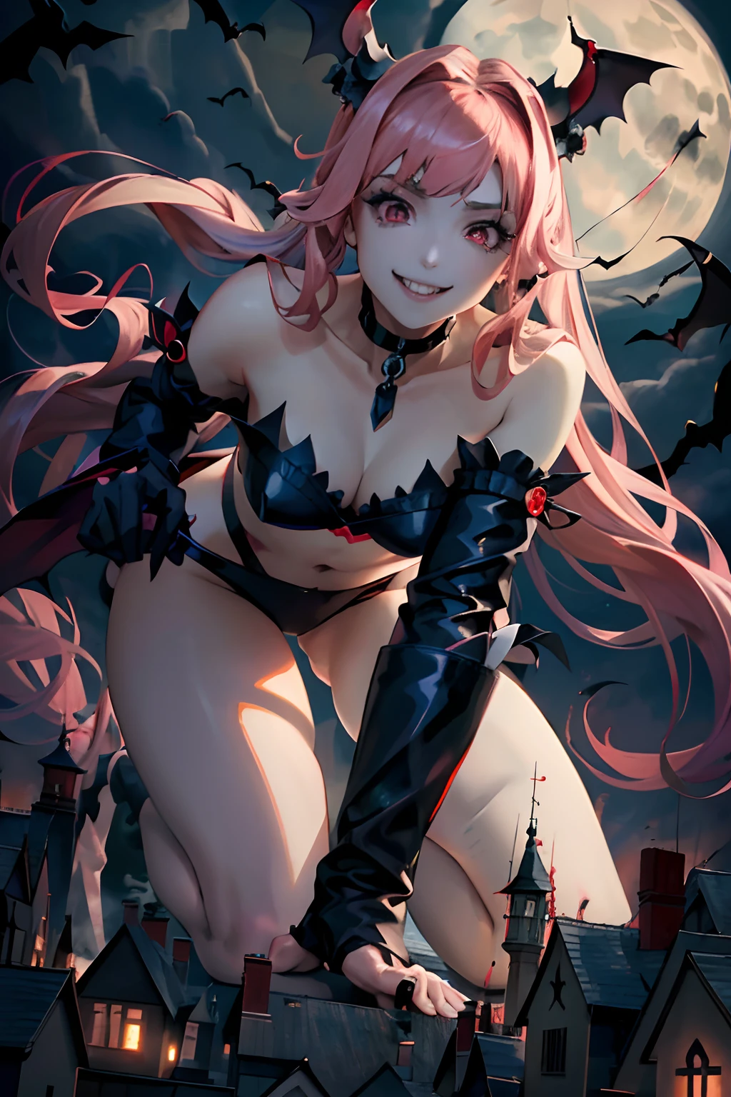 A beautiful woman with long pink twin-tailed hair, a vampire costume, giantess, 500 meters tall, sharp fangs, blood dripping from her mouth, red eyes, the background is a vampire mansion floating on a moonlit night, a bat, a pumpkin ghost, a heart-shaped choker, staring at the viewer. Facing forward, eerie smile