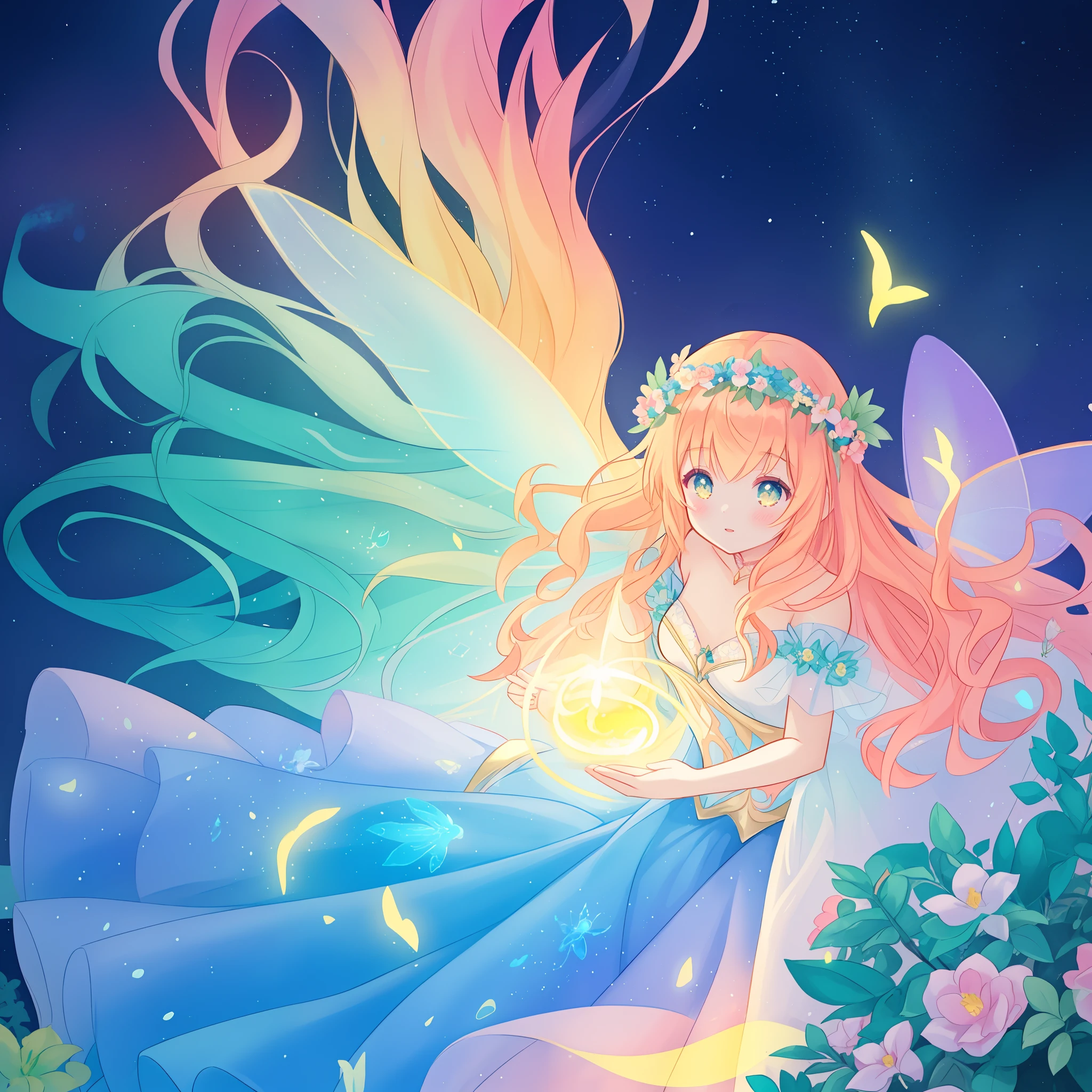 beautiful girl in flowing ballgown dress, (glowing fairy wings), glowing flowing ballgown, long wavy hair, sparkling fairy wings, watercolor illustration, flowers and colorful plants, inspired by Glen Keane, inspired by Lois van Baarle, disney art style, by Lois van Baarle, glowing aura around her, by Glen Keane, jen bartel, glowing lights! digital painting, flowing glowing hair, glowing flowing hair, beautiful digital illustration, fantasia otherworldly landscape plants flowers, beautiful, masterpiece, best quality, anime disney style