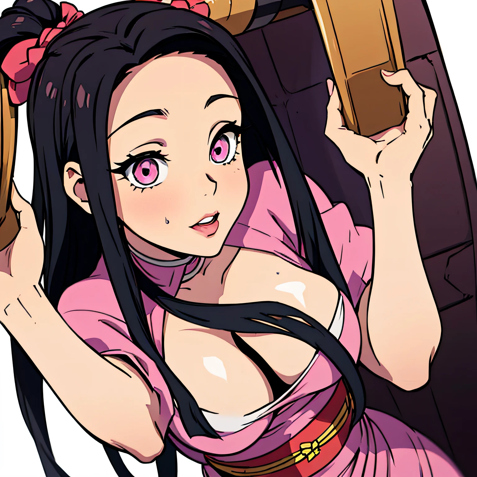 Nezuko as an adult, she is a beautiful young woman, she has a very sexy body, she has beautiful pink eyes, she is in her regular pink kimono outfit, she has a sexually aroused look on face, she is standing in a sexual pose, she is showing off her body, she has her cleavage showing, hourglass body shape, her full body is in the image, solid white background