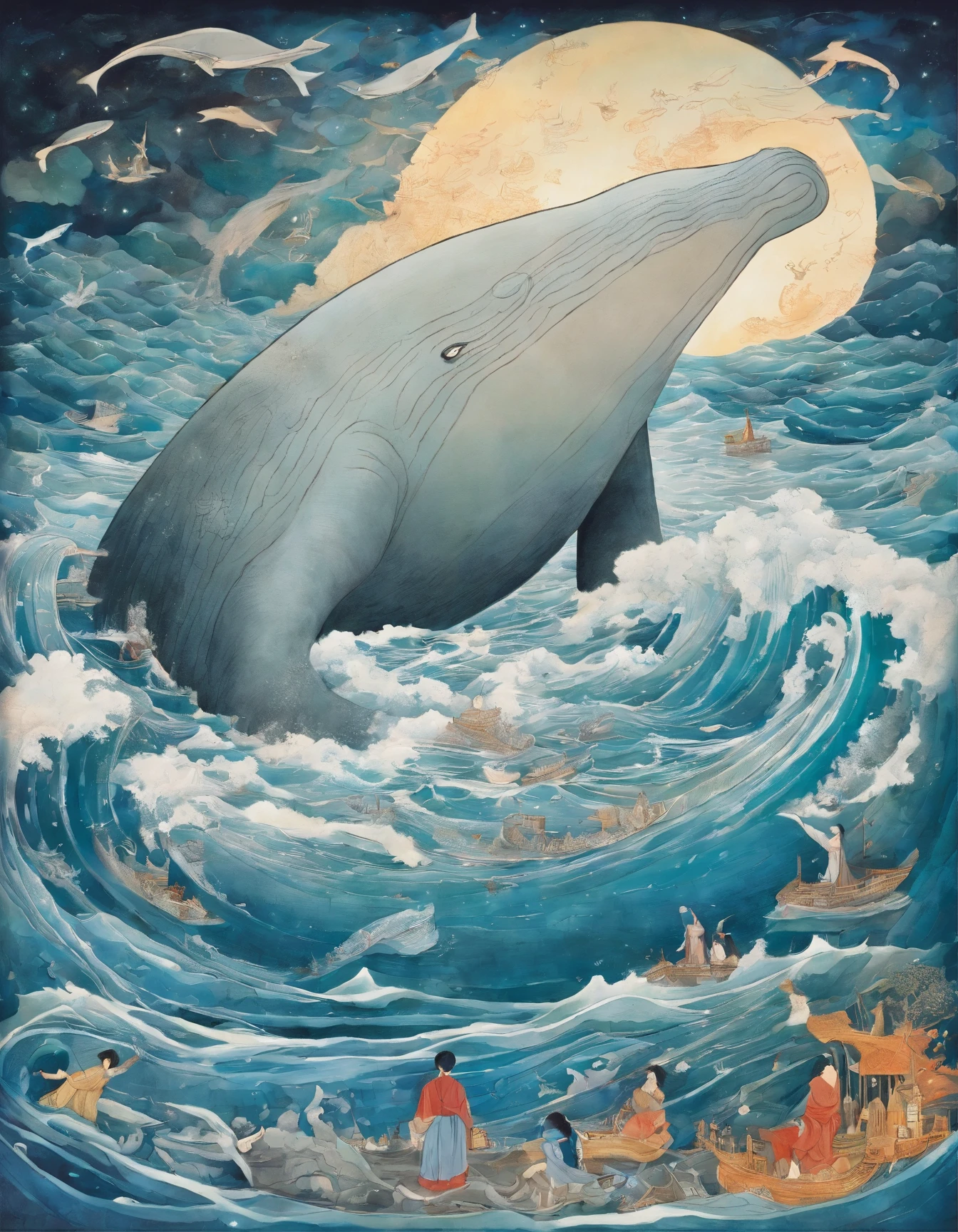 Depict a vivid scene of Jonah, Prophets of God, A moment of desperate prayer in the huge belly of a giant whale.
Jonah got wet and fell to his knees, Slippery terrain, Illuminated by the dim light coming in from the whale's mouth.
He wears tattered clothes,Facial features radiate pain and humility.Convoluted、high detal、Dramatic、(volume illumination:1.2)HDR shooting。(close-up,Super Deep Vision,ultra wide-angle,Microfocal Lens:1.2)(realist:1.4)tmasterpiece、hightquality、Beautiful photos
near: Jonas, The inner walls of the whale are rough, Moist texture, I see some kind of marine litter.
Jonah raised his hand in prayer, Tears in the eyes, Because his words are directed to God.
A giant whale figure hovers over Jonah, Showing the greatness and darkness of the Lord, In stark contrast to the smallness and weakness of the prophets.