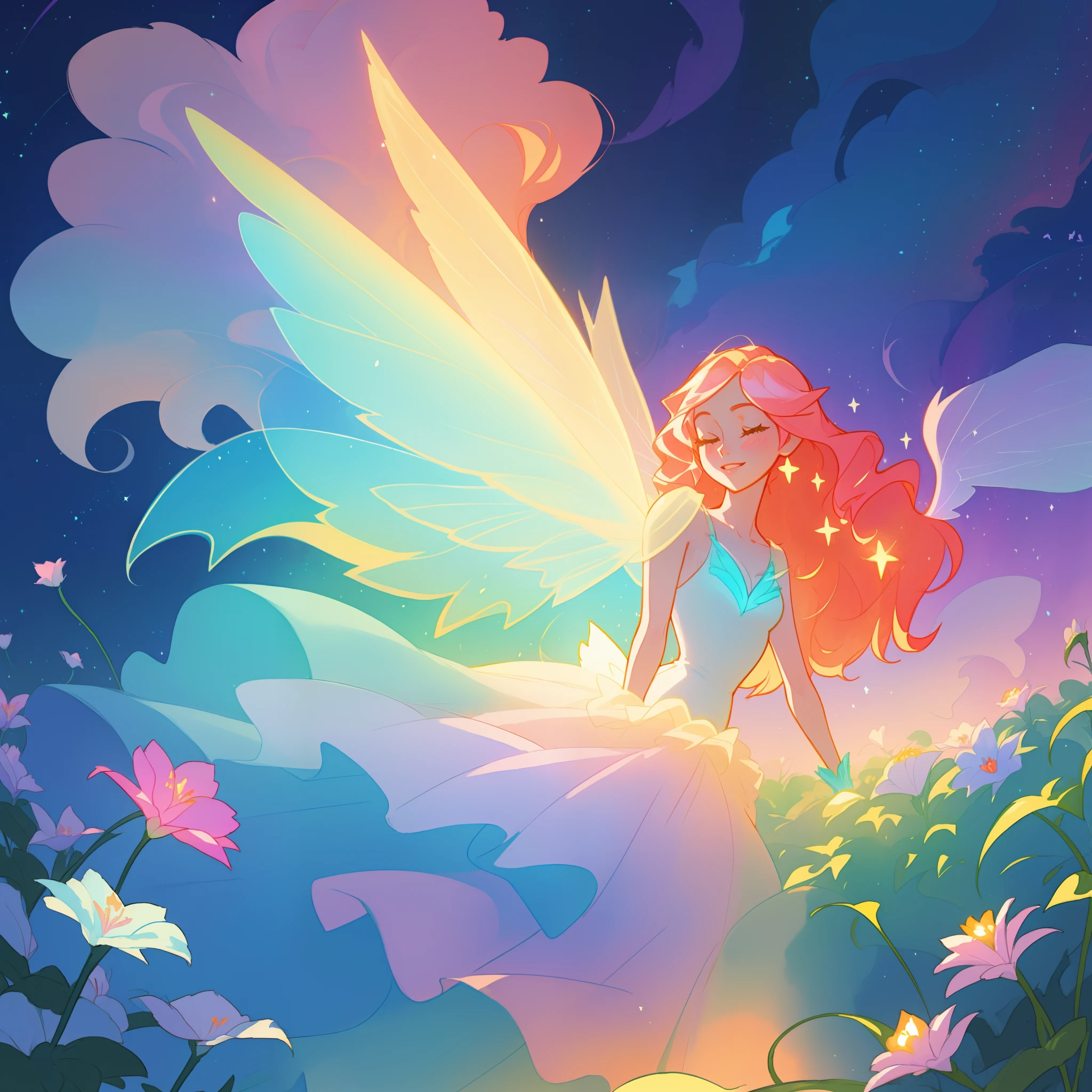 beautiful girl in flowing ballgown dress, (glowing fairy wings), glowing flowing ballgown, long wavy hair, sparkling fairy wings, watercolor illustration, flowers and colorful plants, inspired by Glen Keane, inspired by Lois van Baarle, disney art style, by Lois van Baarle, glowing aura around her, by Glen Keane, jen bartel, glowing lights! digital painting, flowing glowing hair, glowing flowing hair, beautiful digital illustration, fantasia otherworldly landscape plants flowers, beautiful, masterpiece, best quality, anime disney style