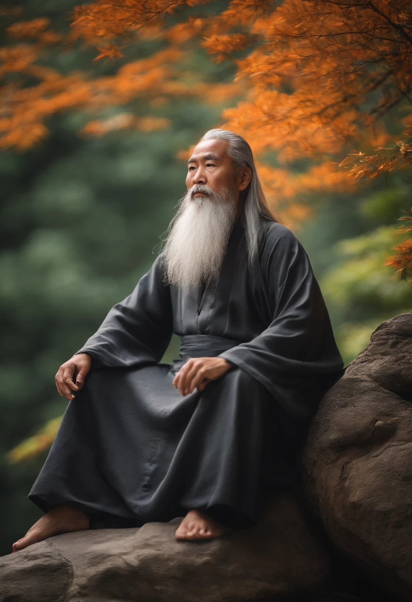 30-year-old Asian middle-aged Taoist elder sitting on stone close-up,long whitr hair，Long beard，Meditation cross-legged，Daoism, Wearing gray robes，magic aura，Taoist master,Taoist，at centre，Face the lens，Very bright colors, Light particles, with light glowing, Mshiv, wallpaper art, UHD wallpaper