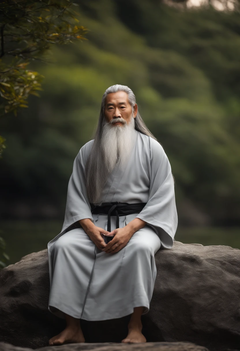 30-year-old Asian middle-aged Taoist elder sitting on stone close-up,long whitr hair,Long beard,Meditation cross-legged,Daoism, Wearing gray robes,magic aura,Taoist master,Taoist,at centre,Face the lens,Very bright colors, Light particles, with light glowing, Mshiv, wallpaper art, UHD wallpaper