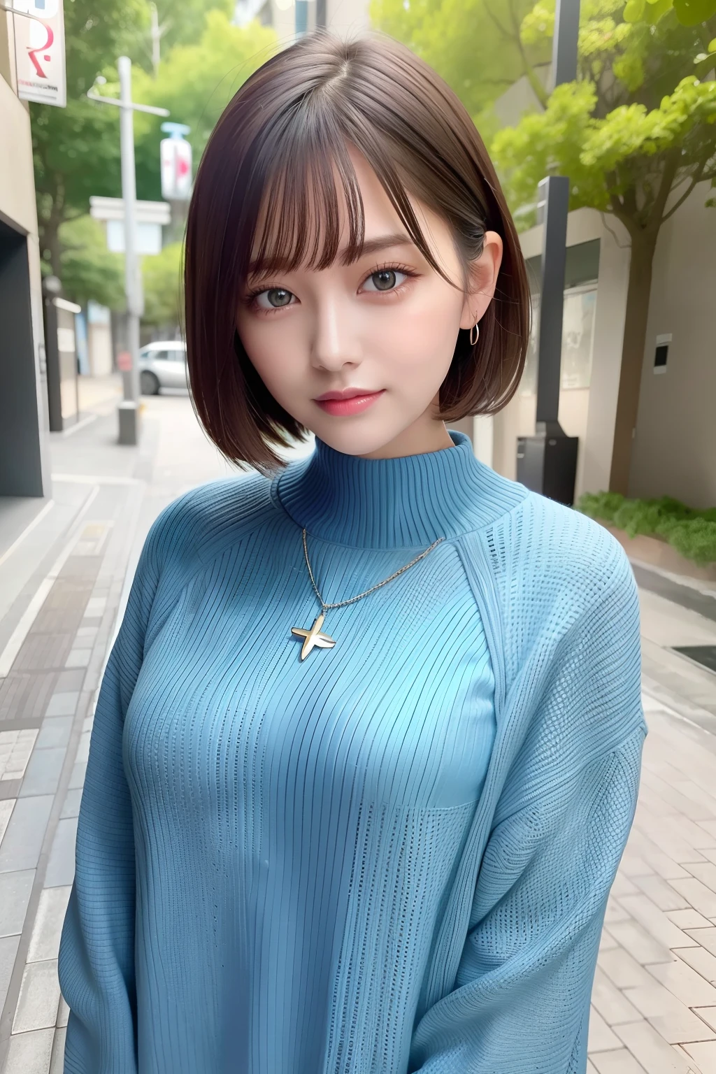 (RAW Photos: 1.2), (Photorealistic: 1.4), (Best Quality: 1.4), Ultra High Resolution, (Detailed Eyes), (Detailed Facial Features), (Detailed Clothing Features), HDR, 8K Resolution, Solo Focus, Bangs, Skin Tightening, (Slender Girl), Dreamy, Japan Person,
(ultra-fine illustration), landscape, no text,
medium breast, straight hair, short hair, dark hair, dark eyes,
One girl, full body, background is night park,
Fish pendant,
light blue tight sweater,
cute, sexy,
(smile),