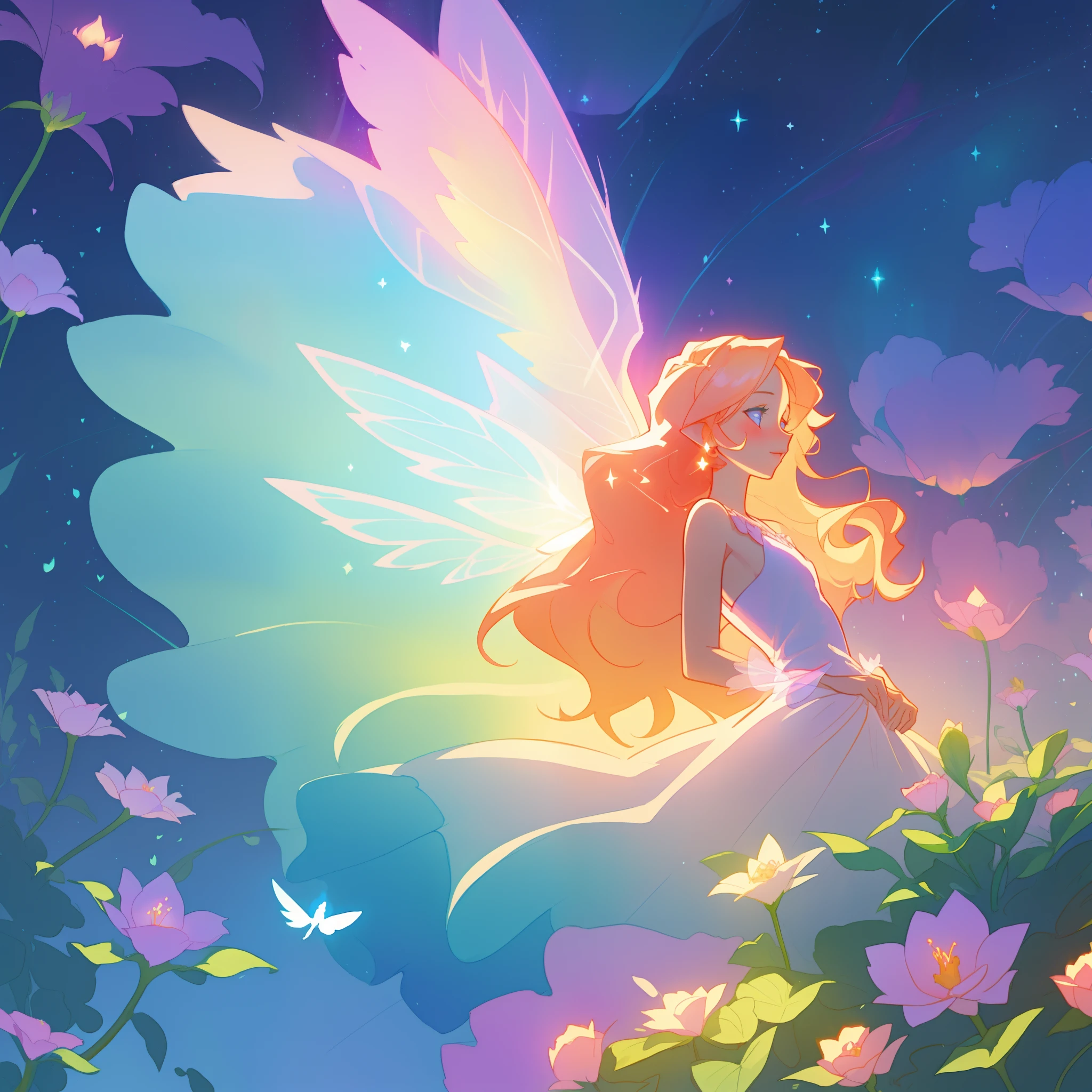 beautiful girl in flowing ballgown dress, (glowing fairy wings), glowing flowing ballgown, long wavy hair, sparkling fairy wings, watercolor illustration, flowers and colorful plants, inspired by Glen Keane, inspired by Lois van Baarle, disney art style, by Lois van Baarle, glowing aura around her, by Glen Keane, jen bartel, glowing lights! digital painting, flowing glowing hair, glowing flowing hair, beautiful digital illustration, fantasia otherworldly landscape plants flowers, beautiful, masterpiece, best quality, anime disney style