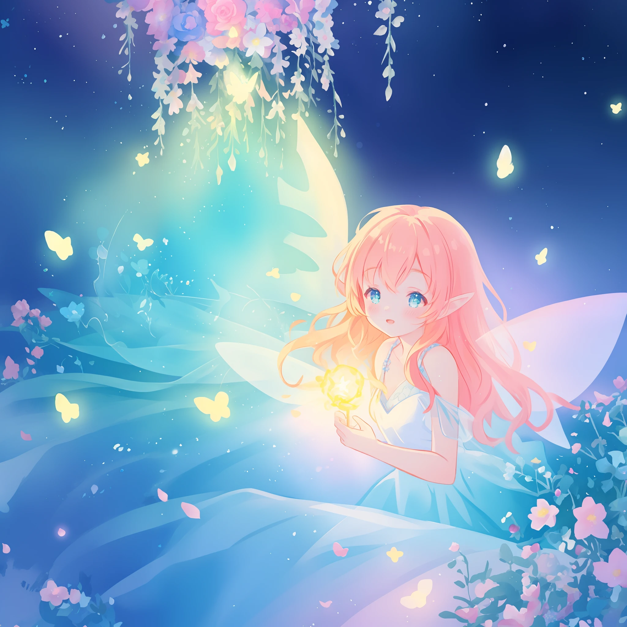 beautiful girl in flowing ballgown dress, (glowing fairy wings), glowing flowing ballgown, long wavy hair, sparkling fairy wings, watercolor illustration, flowers and colorful plants, inspired by Glen Keane, inspired by Lois van Baarle, disney art style, by Lois van Baarle, glowing aura around her, by Glen Keane, jen bartel, glowing lights! digital painting, flowing glowing hair, glowing flowing hair, beautiful digital illustration, fantasia otherworldly landscape plants flowers, beautiful, masterpiece, best quality, anime disney style