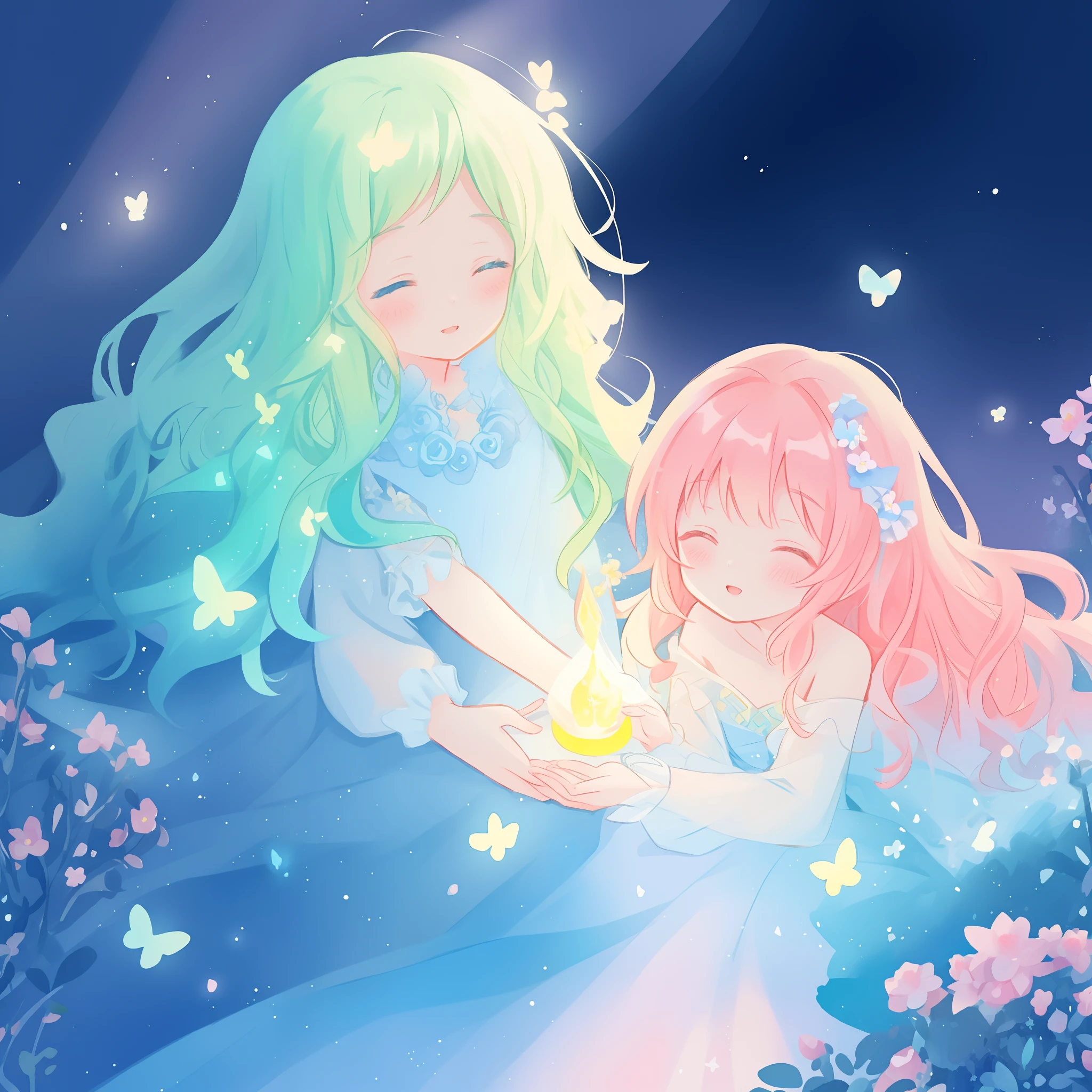 beautiful girl in flowing ballgown dress, (glowing fairy wings), glowing flowing ballgown, long wavy hair, sparkling fairy wings, watercolor illustration, flowers and colorful plants, inspired by Glen Keane, inspired by Lois van Baarle, disney art style, by Lois van Baarle, glowing aura around her, by Glen Keane, jen bartel, glowing lights! digital painting, flowing glowing hair, glowing flowing hair, beautiful digital illustration, fantasia otherworldly landscape plants flowers, beautiful, masterpiece, best quality, anime disney style
