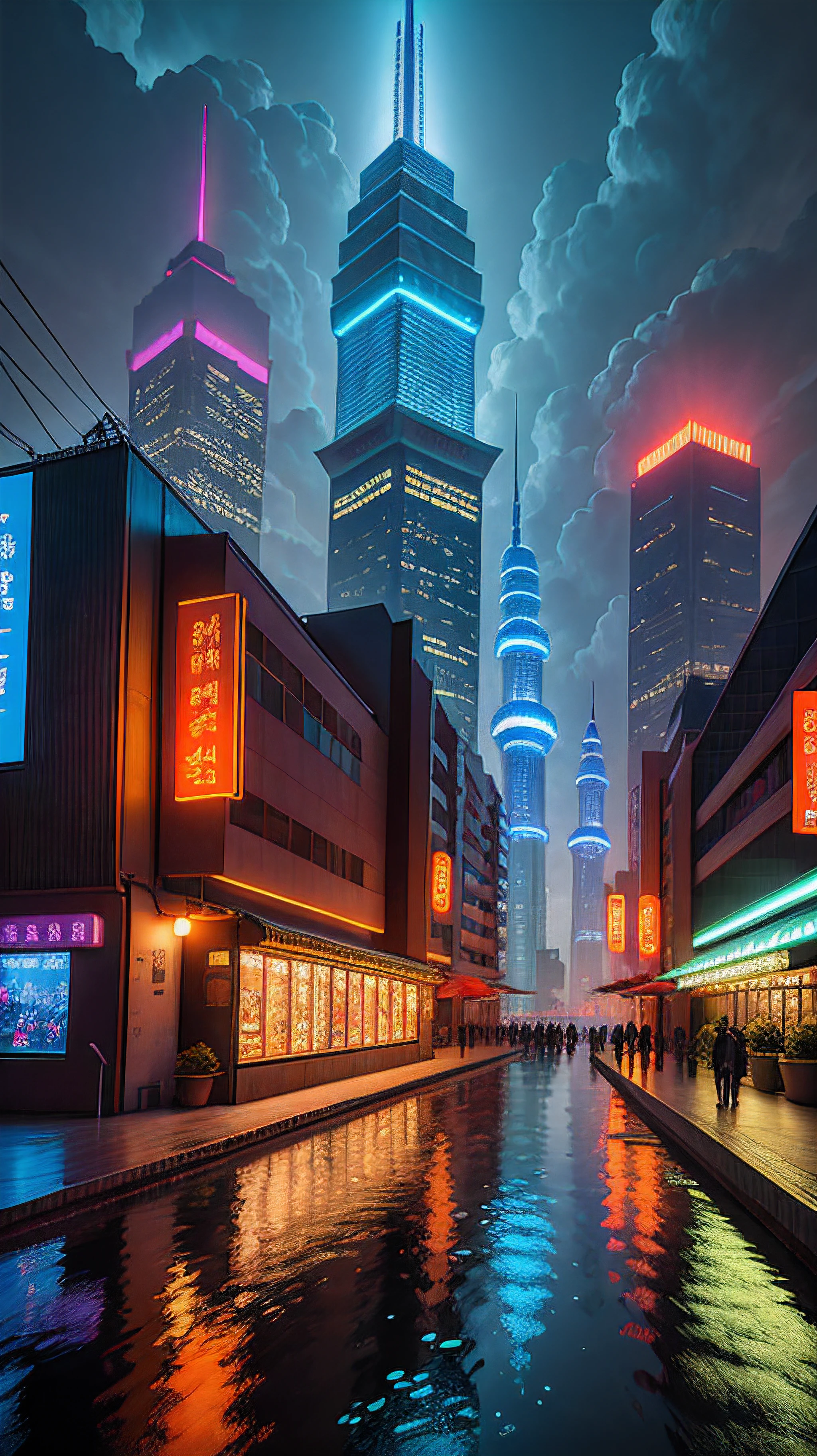 View of city skyline at night, bright lights, Shanghai city, Shanghai, Chinese New Year in Shanghai, no humans. No pedestrians. There are no passers-by. Beautiful futuristic city, neon big city in background, brightly lit buildings, interesting backdrop, vibrant city lights, hou china, neon city in background, beautiful city, dream land of Chinese people, skyline show, from china, beautiful cityscape, photo of futuristic cityscape, pexels, blue hour photography, skyline show, hou china, city at night, skyline, from china, trend, trend, chinese dream, spectacular Clouds, fantasy clouds. Partially looking to the left, around the city, Shanghai Lujiazui. Chinese Architecture, Jia Ruan, Ruan Jia. The bustling technology building is beyond imagination. Inspired by Makoto Shinkai's popular concept art and masterpieces on pixiv, vision (wide angle lens), super high resolution (fidelity: 1.4), super high quality, detail enhancement. Extremely detailed CG Unity 8k wallpapers, aesthetics, award winning photography, photorealistic, high detail, intricate, art of travel, realistic 3D animation style, landscape concept art, super high resolution (photorealistic: 1.4), aesthetics, focus, High quality, vibrant colors, stunning reflections, crystal clear water, award winning cinematography, 3D lighting and beautiful cinematic lighting. Rich in detail.