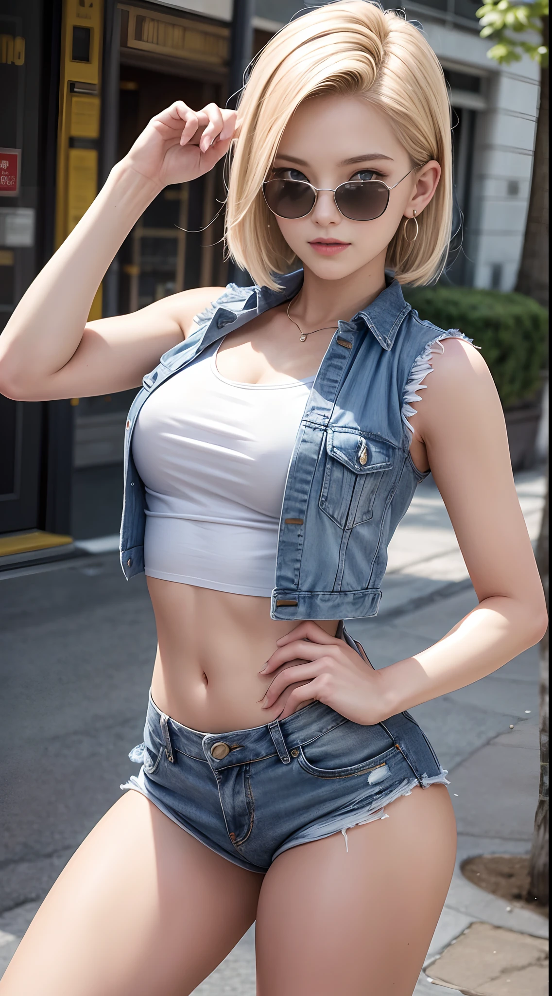 Best Quality, hight resolution, and18, 1girl in, Android 18, Solo, Blonde hair, Blue eyes, Short hair, A smile，earrings, Jewelry, Denim Vest, open vest, white t-shirts，damage jeans，Wearing sunglasses，tiny chest, Pose with your buttocks sticking out and turning around，Street, (Externally expanded Chest: 1.2)，