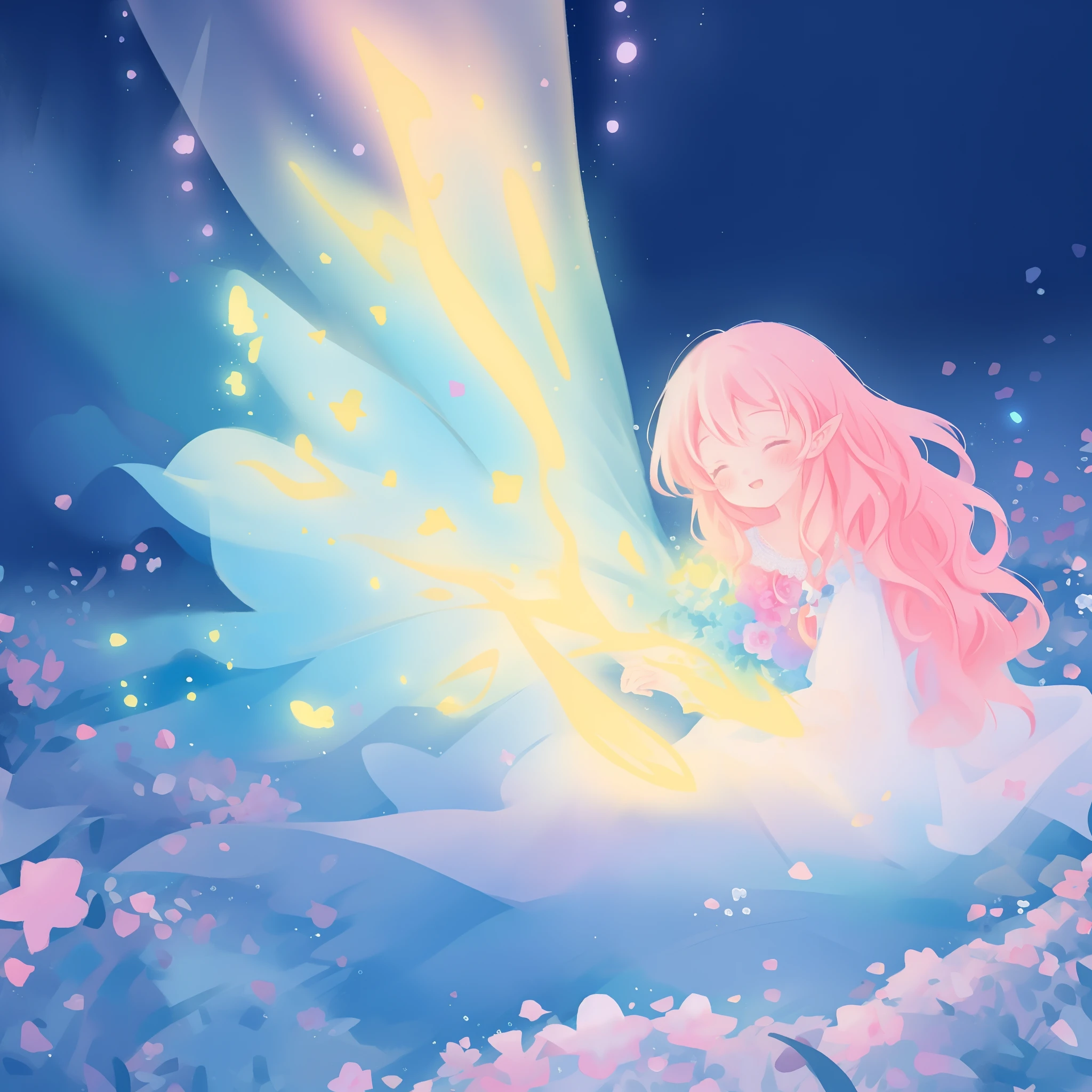beautiful girl in flowing ballgown dress, (glowing fairy wings), glowing flowing ballgown, long wavy hair, sparkling fairy wings, watercolor illustration, flowers and colorful plants, inspired by Glen Keane, inspired by Lois van Baarle, disney art style, by Lois van Baarle, glowing aura around her, by Glen Keane, jen bartel, glowing lights! digital painting, flowing glowing hair, glowing flowing hair, beautiful digital illustration, fantasia otherworldly landscape plants flowers, beautiful, masterpiece, best quality, anime disney style