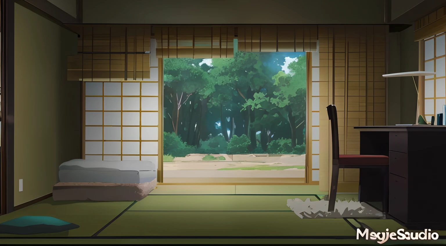 there is a room with a door and a window with a view of a forest, anime background, anime background art, anime scenery, anime scene, anime movie background, beautiful anime scene, anime landscape, anime beautiful peace scene, anime scenery concept art, anime countryside landscape, beautiful anime scenery, anime keyframe, interior background art, detailed scenery —width 672