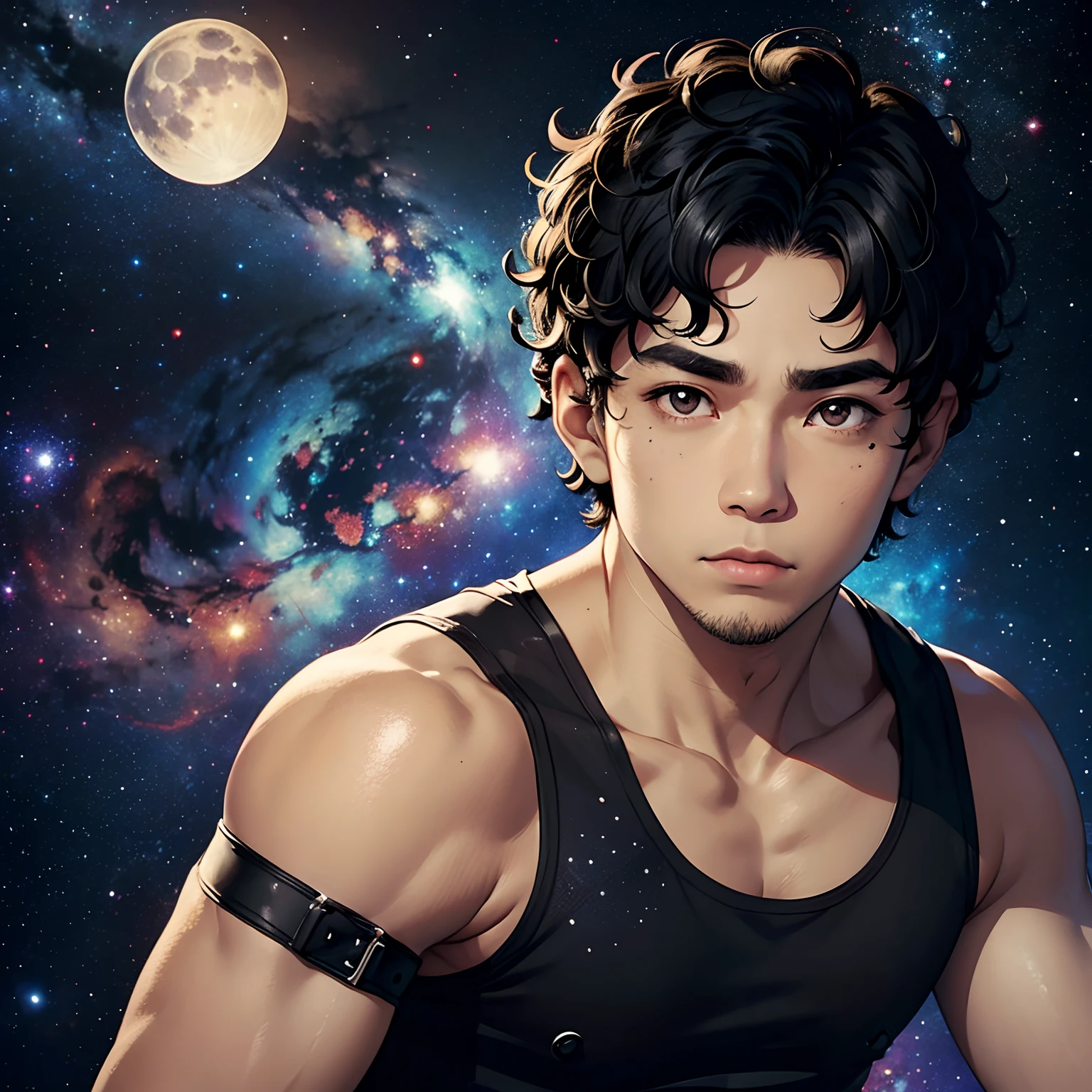 a close up of a person wearing a tank top, space background, star and moon,galaxy, south east asian with round face, malaysian, vietnamese filipino, thai, haved face, emaciated shaved face, twitter pfp, asian male, short black curly hair,  black american curly hair, short hair, generic male npc face