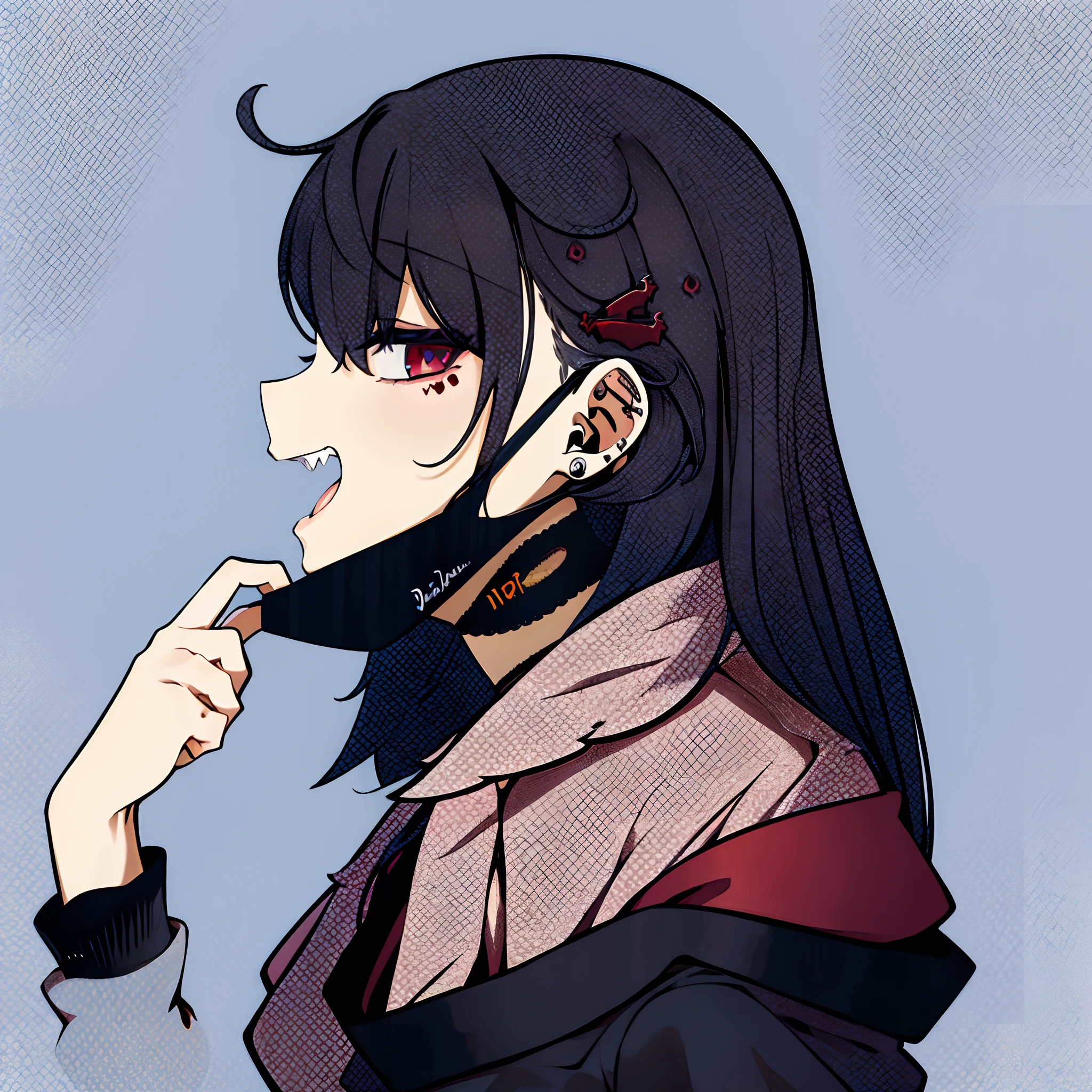 1girl, female vampire, vampire, cloak, mouth mask, from side, fangs, piercing, ear piercing, stud earrings, jirai kei, red eyes, simple background, halftone, (mask pull), head close up