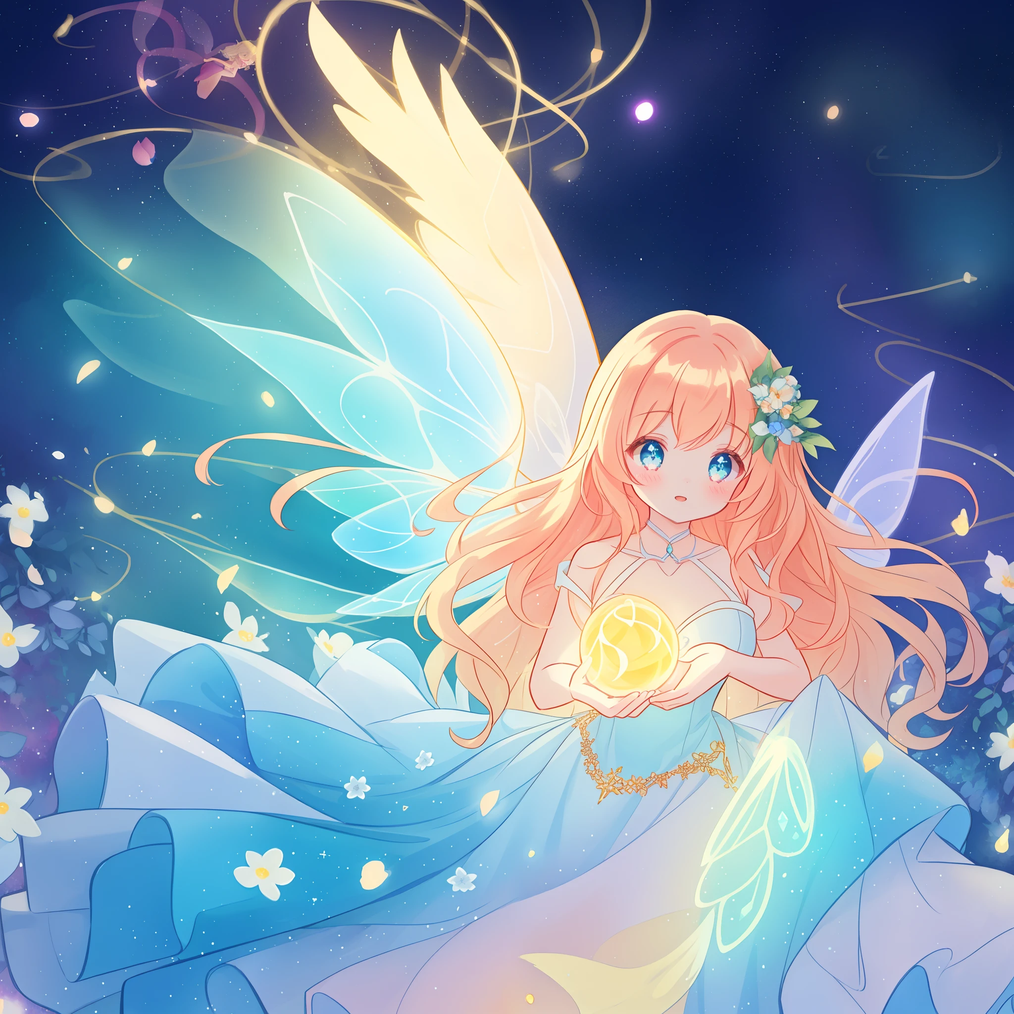beautiful girl in flowing ballgown dress, (glowing fairy wings), glowing flowing ballgown, long wavy hair, sparkling fairy wings, watercolor illustration, flowers and colorful plants, inspired by Glen Keane, inspired by Lois van Baarle, disney art style, by Lois van Baarle, glowing aura around her, by Glen Keane, jen bartel, glowing lights! digital painting, flowing glowing hair, glowing flowing hair, beautiful digital illustration, fantasia otherworldly landscape plants flowers, beautiful, masterpiece, best quality, anime disney style