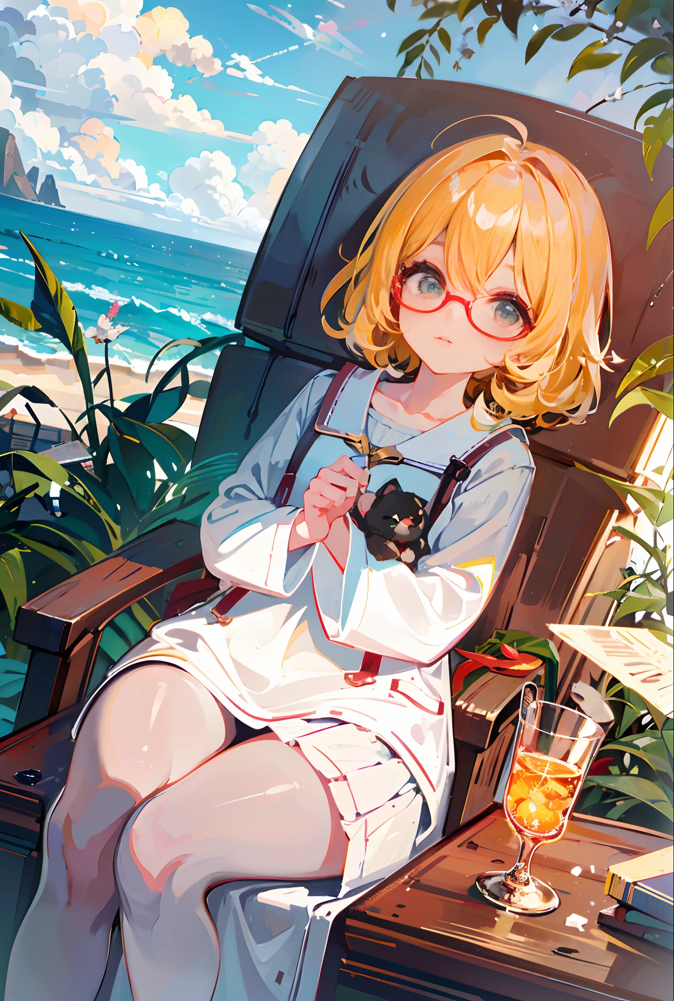 The healing cute style of natural scenery, the cute animal image with thin-rimmed metal-framed glasses, the warm and bright sunny atmosphere in the background, and the beautiful scene of leisure.