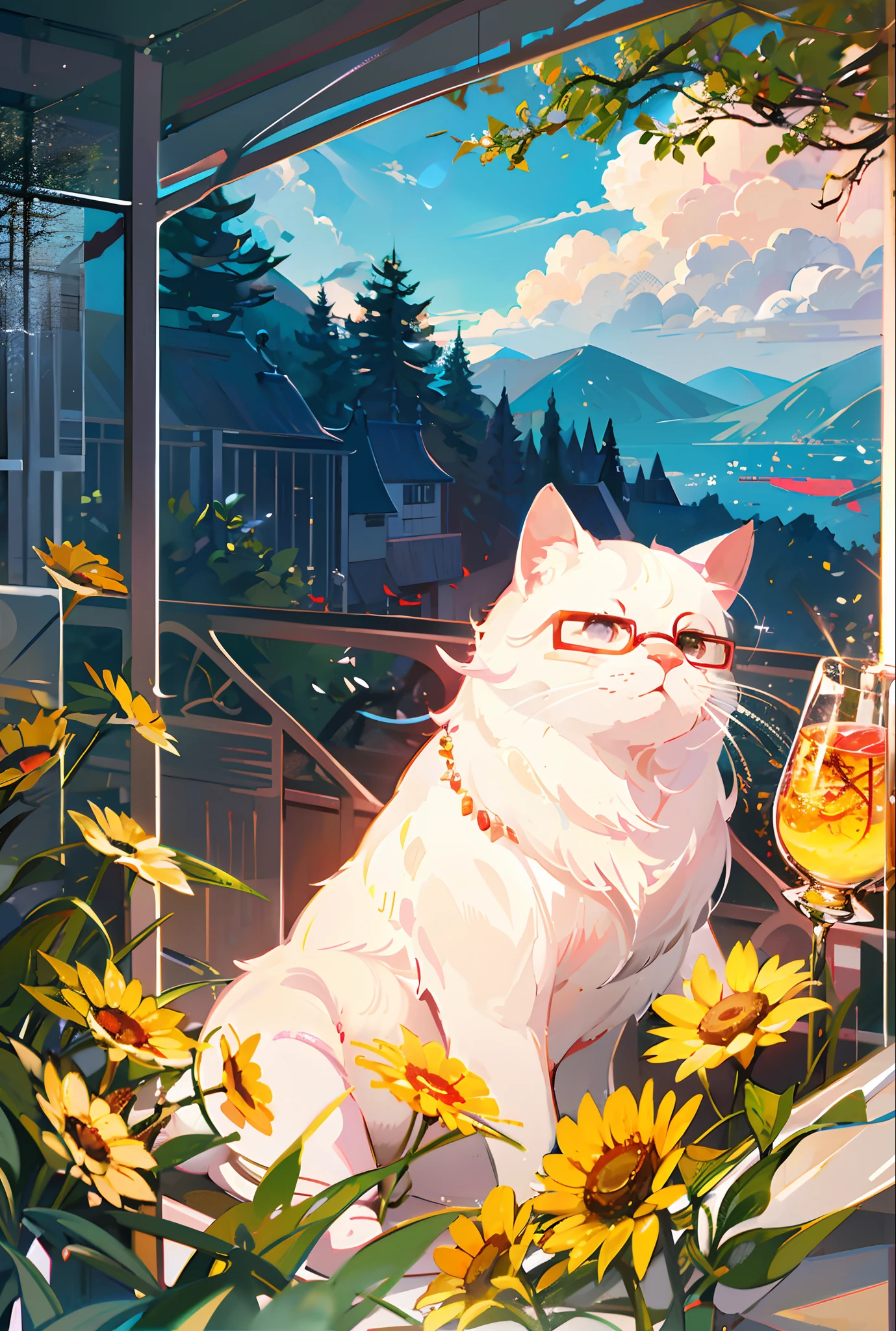 The healing cute style of natural scenery, the cute animal image with thin-rimmed metal-framed glasses, the warm and bright sunny atmosphere in the background, and the beautiful scene of leisure.