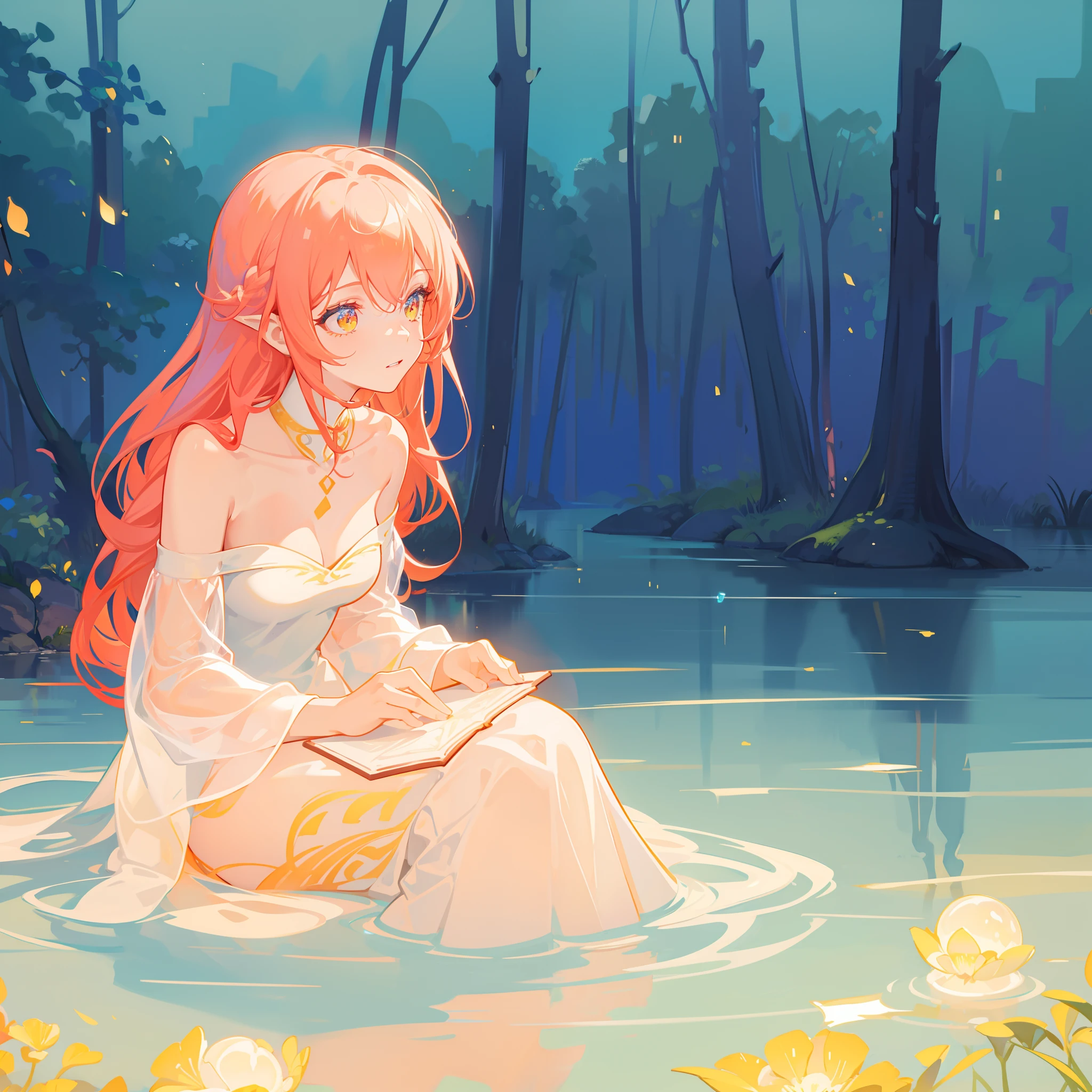 beautiful girl in simple white dress, long red hair, forest background, beautiful girl sitting in a river, forest landscape, nature, beautiful girl, beautiful face, vibrant pastel colors, (colorful), magical lights, sparkling lines of light, inspired by Glen Keane, inspired by Lois van Baarle, disney art style, by Lois van Baarle, glowing aura around her, by Glen Keane, jen bartel, glowing lights! digital painting, flowing glowing hair, glowing flowing hair, beautiful digital illustration, fantasia background, whimsical, magical, fantasy, beautiful face, ((masterpiece, best quality)), intricate details, highly detailed, sharp focus, 8k resolution, sparkling detailed eyes, liquid watercolor