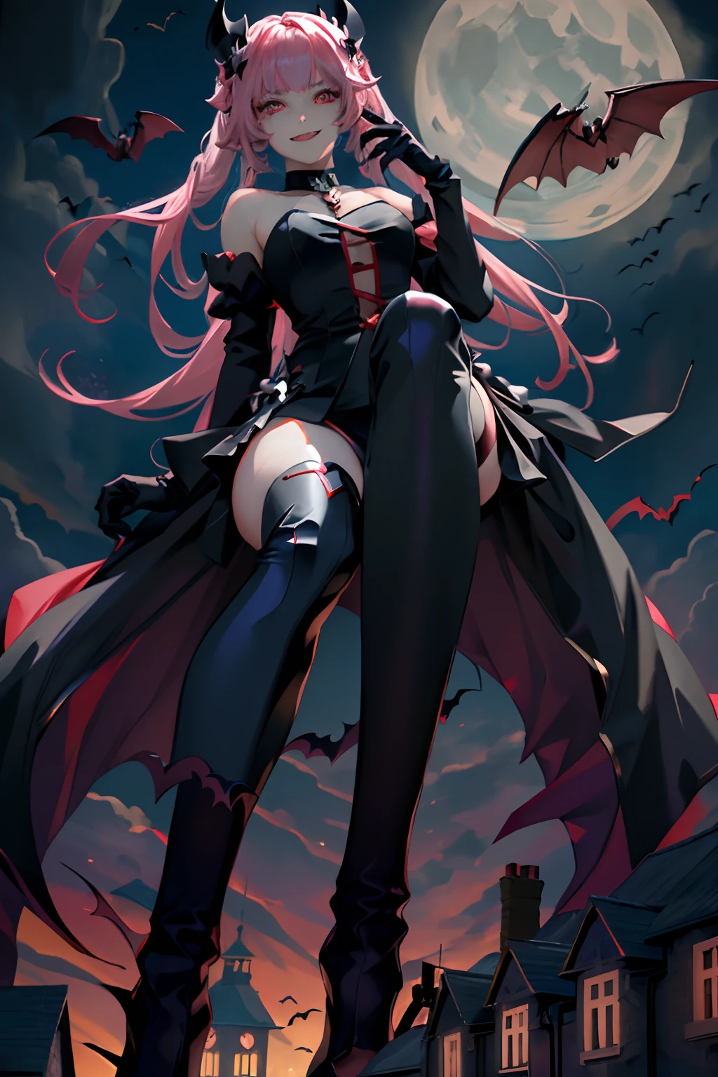 A beautiful woman with long pink twin-tailed hair, a vampire costume, giantess, 500 meters tall, sharp fangs, blood dripping from her mouth, red eyes, the background is a vampire mansion floating on a moonlit night, a bat, a pumpkin ghost, a heart-shaped choker, staring at the viewer. Facing forward, eerie smile