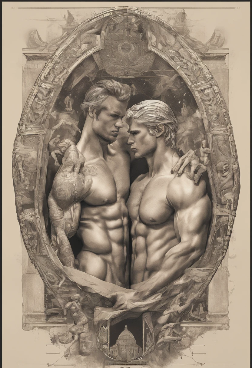 Showering between 2 young totally naked synthetic muscular men, with very big size difference between them. One is fitness blond and 20 years old, the other is 27 years old with hairy chest massive muscles. w/o bulges., trending on artstation, sharp focus, studio photo, intricate details, highly detailed, by greg rutkowski