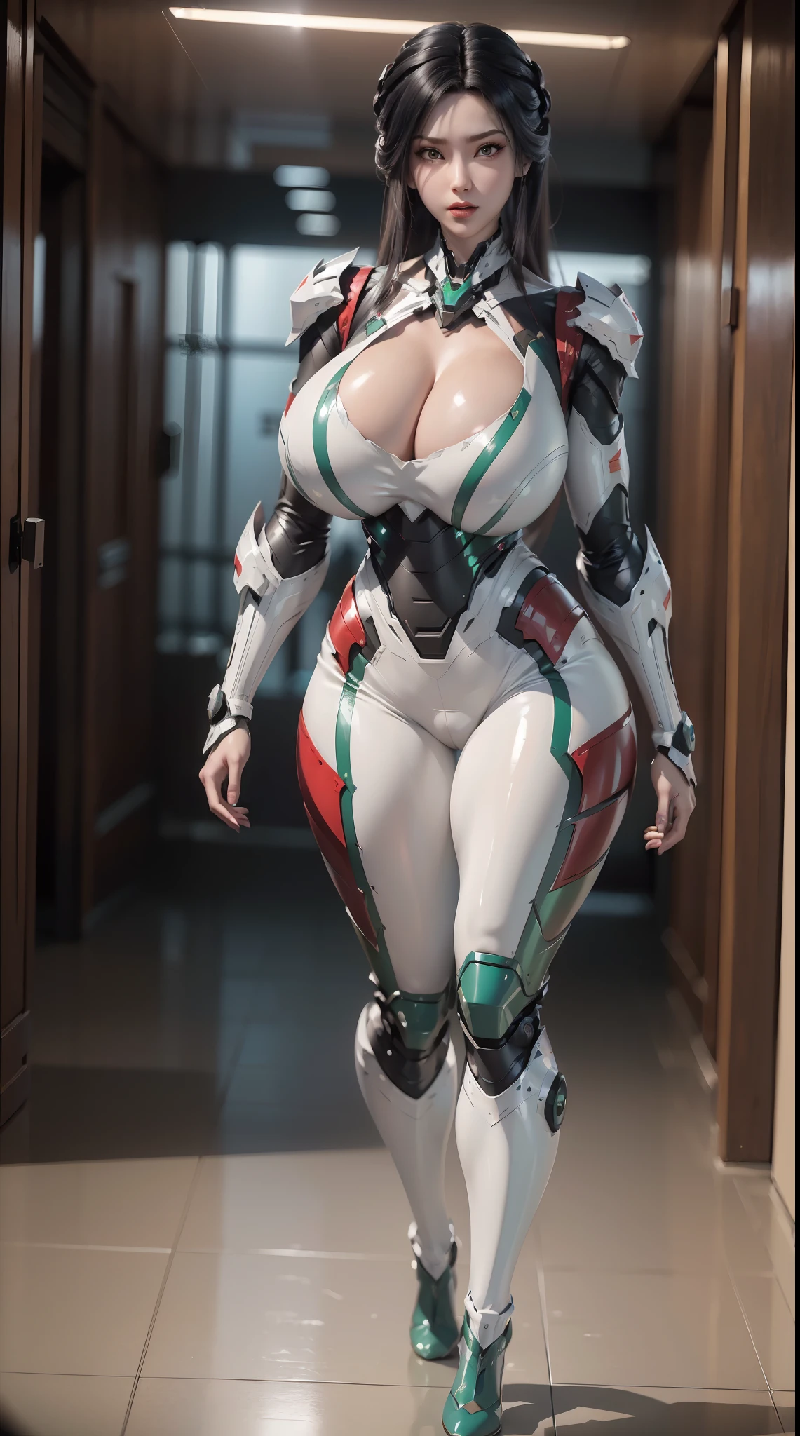 (1GIRL, ALONE, SOLO), (super detailed face), ((dragon head:1)), (BIG BUTTOCKS, HUGE FAKE BREASTS:1.5), (CLEAVAGE TOP:1.3), (MUSCULAR ABS:1.2), (MECHA GUARD ARM:1.3), (WEAR RED, GREEN SHINY MECHA OVERWATCH ARMORED, BLACK MECHA SKINTIGHT SUIT PANTS, MECHA GUARD ARMOR LEGS, HIGH HEELS:1.5), (THICC MUSCULAR FEMALE BODY), (GLOWING SKIN:0.8), (LONG LEGS, FULL BODY:1.1), (LOOKING AT VIEWER:1.3), (female focus:0.886), (WALKING DOWN HALLWAY OF FUTURISTIC SPACE STATION:1), (BRIGHT LIGHT WHITEROOM:1.3), SUPER TEXTURE, UNREAL ENGINE RENDER, PHYSICALLY-BASED RENDERING, ULTRA HIGHT DEFINITION, 16K, 1080P.
