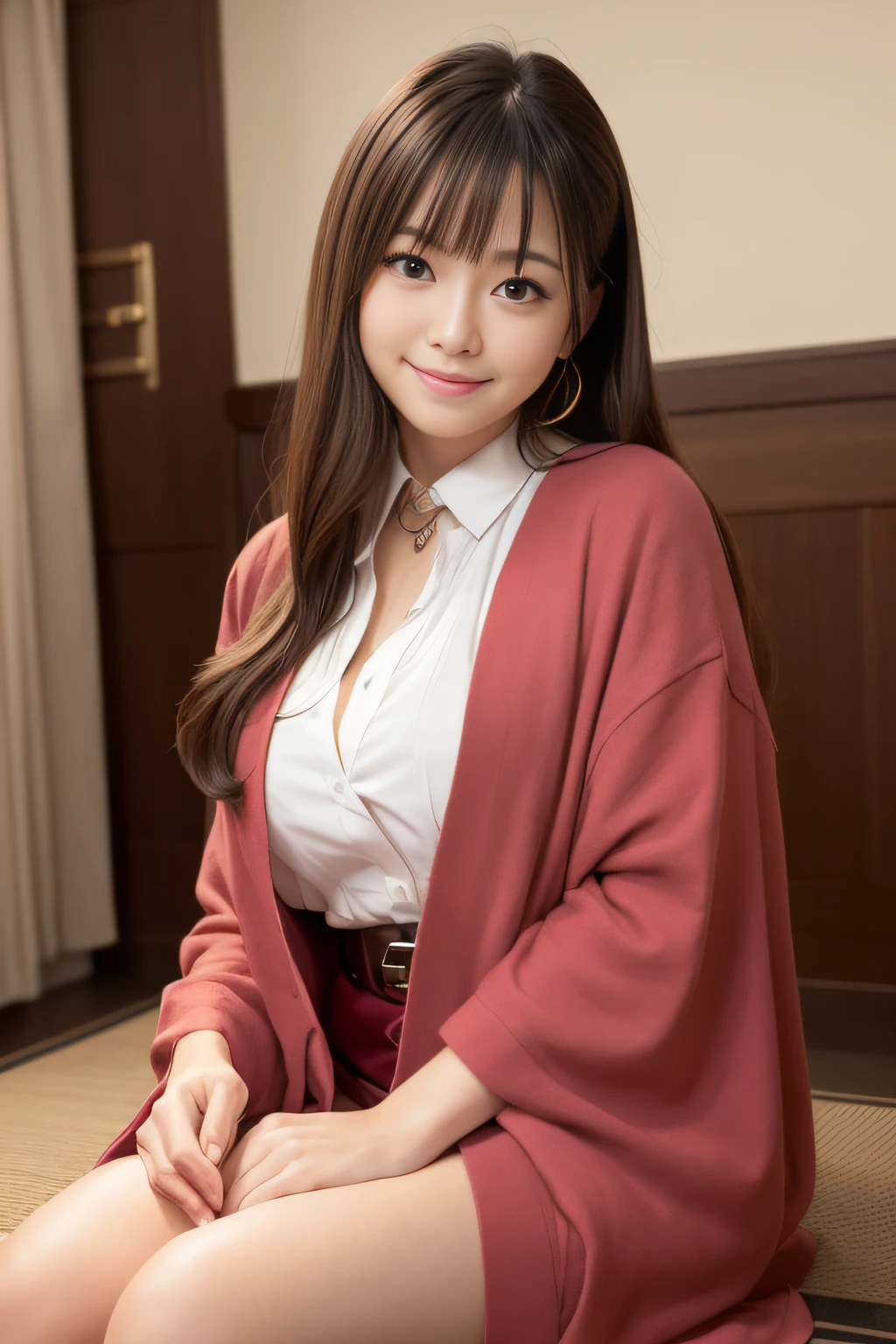 of the highest quality, masutepiece, 超A high resolution, (Photoreal: 1.4), Front view, Half body, western clothes, famous japanese actress, a very beautiful woman, Cute, Nice smile, Cinematic 35mm lens, F/1 .8, Accent Lighting, 8K, a room, Beautiful double eyes with equal left and right eyes, Hands down, hotel