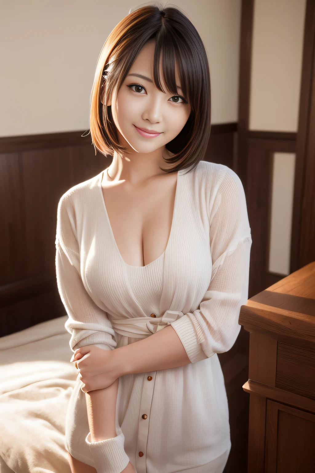 of the highest quality, masutepiece, 超A high resolution, (Photoreal: 1.4), Front view, Half body, western clothes, famous japanese actress, a very beautiful woman, Cute, Nice smile, Cinematic 35mm lens, F/1 .8, Accent Lighting, 8K, a room, Beautiful double eyes with equal left and right eyes, Hands down, hotel