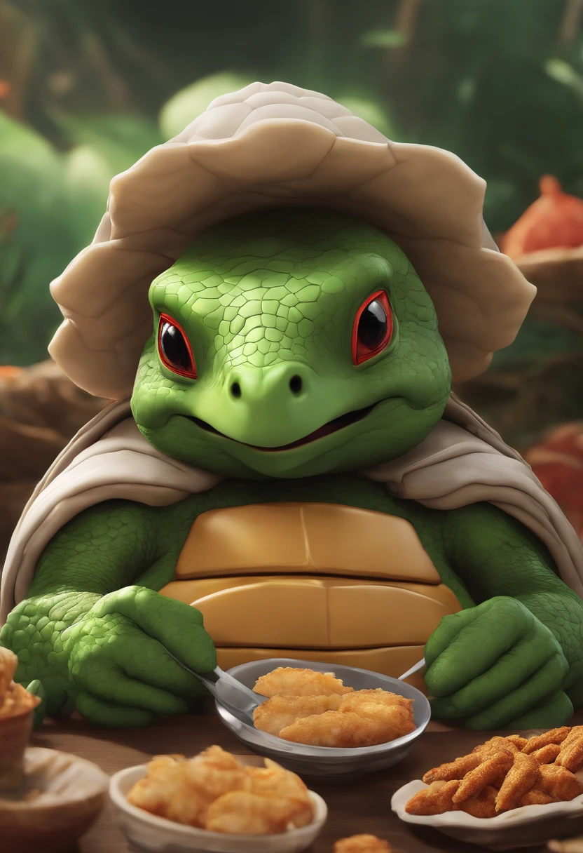 The elder turtle in Dragon Ball is eating fried chicken.