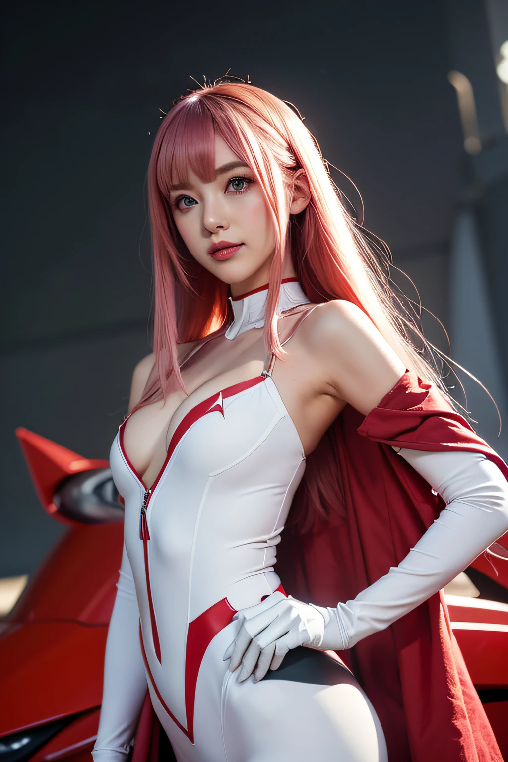 Very detailed background, masutepiece, Best Quality, 1girl in, Solo, ((masutepiece, Best Quality)),Best aesthetic, Zero Two (darling in the franxx), darling in the franxx, Bangs, Biting, blush, Covered navel, eyeshadows, Green eyes, hair behind head, put hands on the hip, Smile, Long hair, Looking at Viewer, makeup, medium breasts, pilotsuit, White and red suit, Pink hair, Red eyeshadow, Science fiction, Skin Tight,