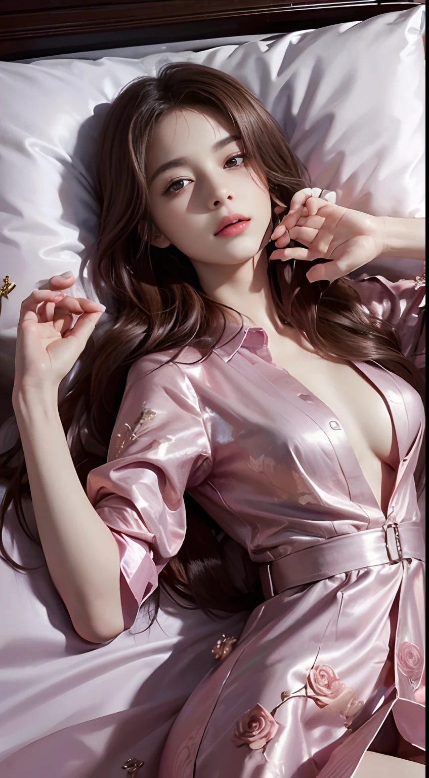 (1girl in:1.3), Cinematic Light, (masutepiece, of the highest quality, Best Quality, Beautiful and aesthetic:1.3), ighly detailed,highest details,(Ultra-detailed),,
From above,(( lying on bed)),
Solo, breasts, Silky long hair, (Brown hair), Roses were scattered all over the beds,
((Suit)), ((Shirt)), opened breast,
