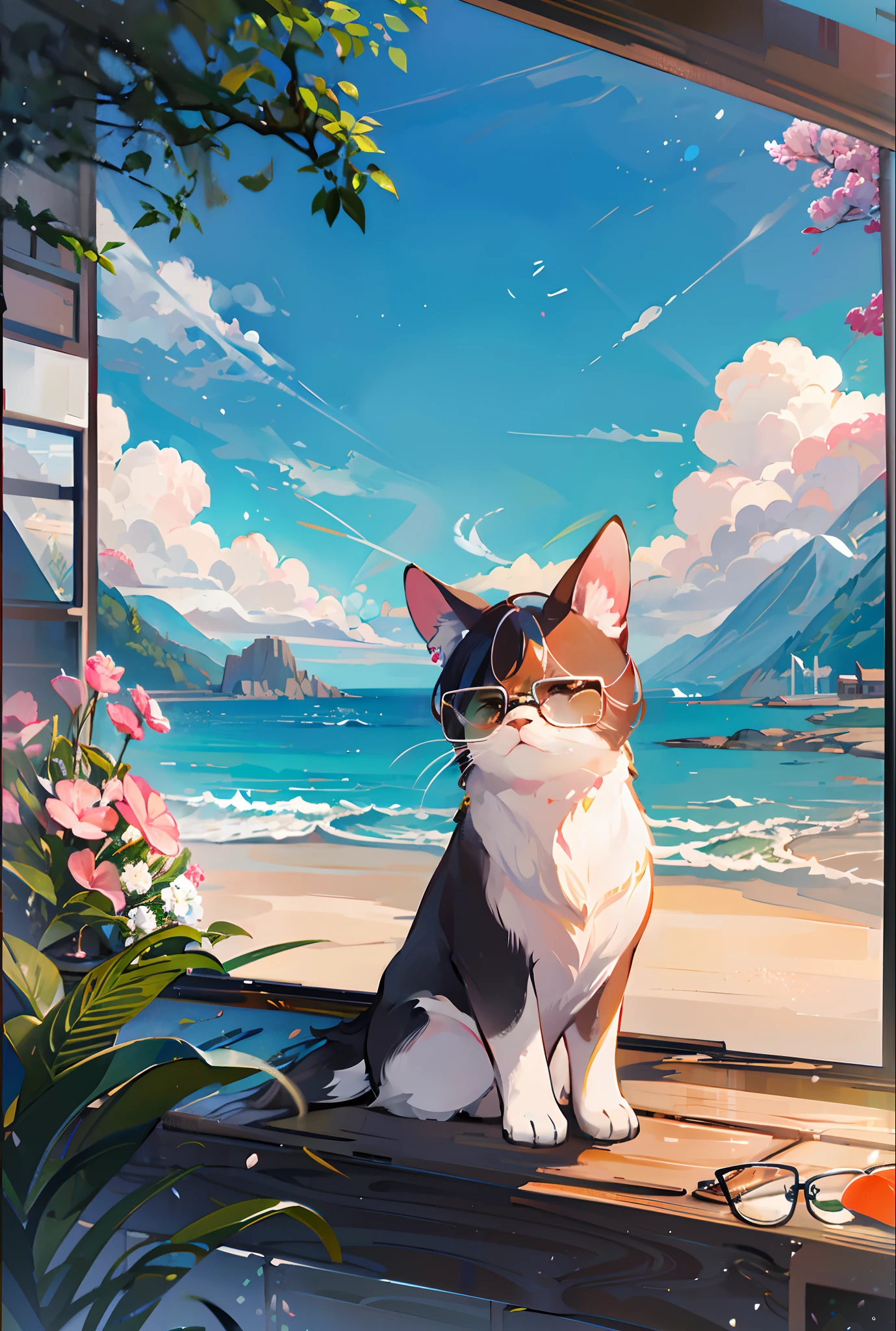 The healing cute style of natural scenery, the cute animal image with thin-rimmed metal-framed glasses, the warm and bright sunny atmosphere in the background, and the beautiful scene of leisure.