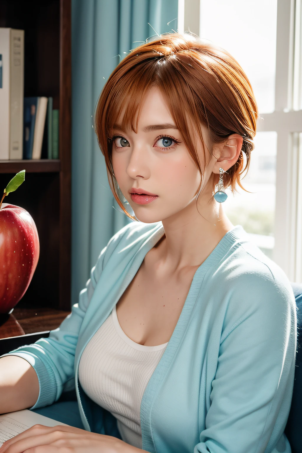 Best Quality, (masutepiece:1.2), Illustration, absurderes, (1girl in, Solo), (Beautiful detailed girl), ((Upper body, Portrait)),, Neck Macmillan, Short hair, Orange hair, Blue eyes, medium breasts, Blue Crystal Earrings, White jacket, , Cool, Calm, Looking at Viewer,, In an elegant bedroom, Night, window, drapes, Starry sky, apples, bookcase, nightstand, vases, desk work,