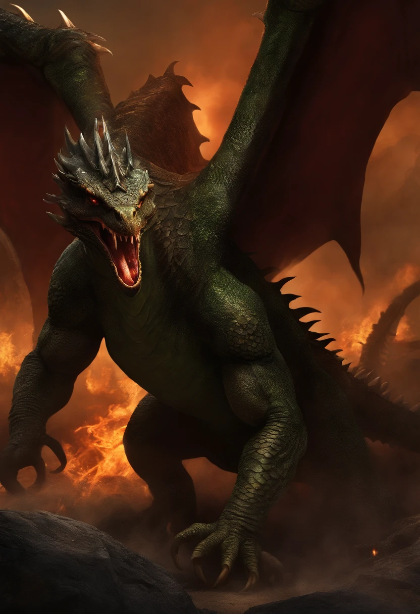 (a terrifying old turtle-faced dragon, devouring fried chicken, spitting out money, the atmosphere of hell) (best quality, highres, ultra-detailed), dark and ominous, with fiery red and black tones, illuminated by flickering flames and smoky shadows, capturing the essence of fear and horror. The dragon's scales are razor-sharp and glisten in the dim light, while its eyes glow with a sinister, otherworldly green. The creature's mouth is wide open, showing rows of pointed teeth as it devours the crispy fried chicken, its jagged tongue poking out, and droplets of saliva flying in all directions. The dragon's scaly wings are spread wide, casting eerie shadows on the scorched ground below. The atmosphere is filled with an intense heat and the smell of burning, with billowing smoke and sparks dancing in the air. The surrounding environment is reminiscent of a post-apocalyptic landscape, with crumbling ruins and charred trees, as if the dragon's presence has brought destruction and desolation. The scene is complete with scattered piles of money, thrown about by the dragon, symbolizing its immense wealth and power. The overall composition is dynamic and full of energy, capturing the moment of chaos and terror.