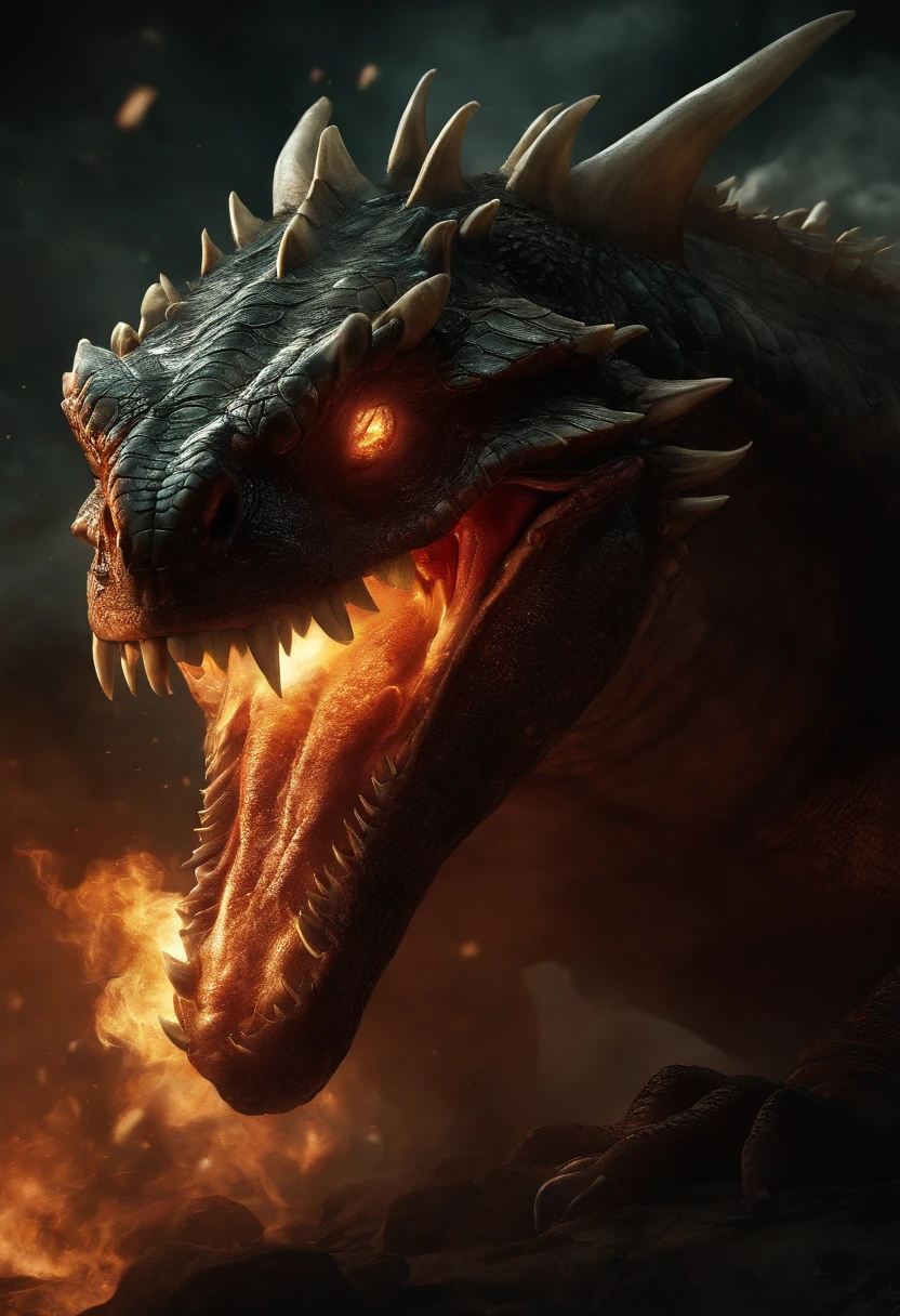 (a terrifying old turtle-faced dragon, devouring fried chicken, spitting out money, the atmosphere of hell) (best quality, highres, ultra-detailed), dark and ominous, with fiery red and black tones, illuminated by flickering flames and smoky shadows, capturing the essence of fear and horror. The dragon's scales are razor-sharp and glisten in the dim light, while its eyes glow with a sinister, otherworldly green. The creature's mouth is wide open, showing rows of pointed teeth as it devours the crispy fried chicken, its jagged tongue poking out, and droplets of saliva flying in all directions. The dragon's scaly wings are spread wide, casting eerie shadows on the scorched ground below. The atmosphere is filled with an intense heat and the smell of burning, with billowing smoke and sparks dancing in the air. The surrounding environment is reminiscent of a post-apocalyptic landscape, with crumbling ruins and charred trees, as if the dragon's presence has brought destruction and desolation. The scene is complete with scattered piles of money, thrown about by the dragon, symbolizing its immense wealth and power. The overall composition is dynamic and full of energy, capturing the moment of chaos and terror.