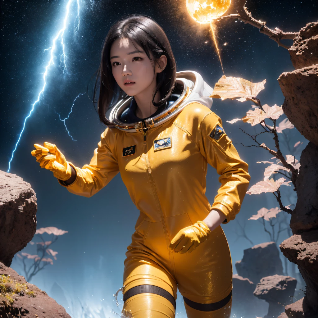 ((ultra real detailed.The astronaut) (Masterpiece, Top quality, Best quality, offcial art, Beauty and aesthetics: 1.2), Very detailed, Colorful, Most detailed, branches, The astronaut, (Mards)The astronaut(canyons), (Linen future spacesuit), Angry fighting stance, looking at the ground, Batik linen bandana, Crane pattern long sleeve garment, Astronaut Canyon(Abstract propylene splash:1.2), Dark clouds lightning background,Sprinkle with gold dust(realisticlying:1.4),Black color hair,Flour fluttering,rainbow background, A high resolution, the detail, RAW photogr, Sharp Re, Nikon D850 Film Stock Photo by Jefferies Lee 4 Kodak Portra 400 Camera F1.6 shots, Rich colors, ultra-realistic vivid textures, Dramatic lighting, Unreal Engine Art Station Trend, cinestir 800,Flowing black hair,(((Mards)))