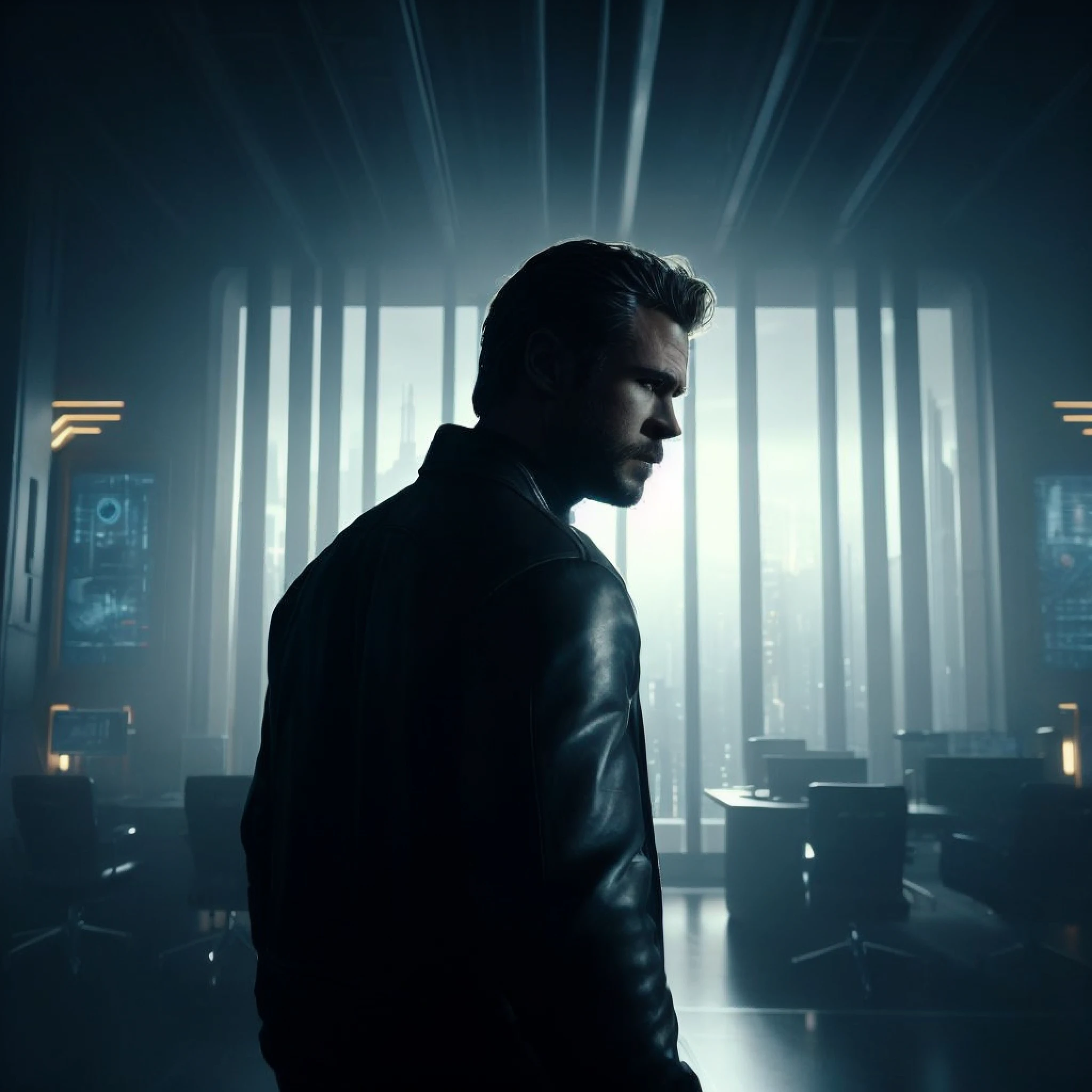 arafed man in a black leather jacket standing in a dark room, 8 k movie still, still from a ridley scott movie, quantum break, movie still 8 k, neo - noir setting, with cinematic lighting, 4k movie still, in a scifi movie, 4 k movie still, movie promotional image, film still of ryan reynolds, blade runner lighting