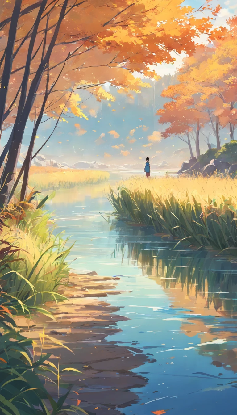 a river，There are reeds on the shore，Autumn landscape